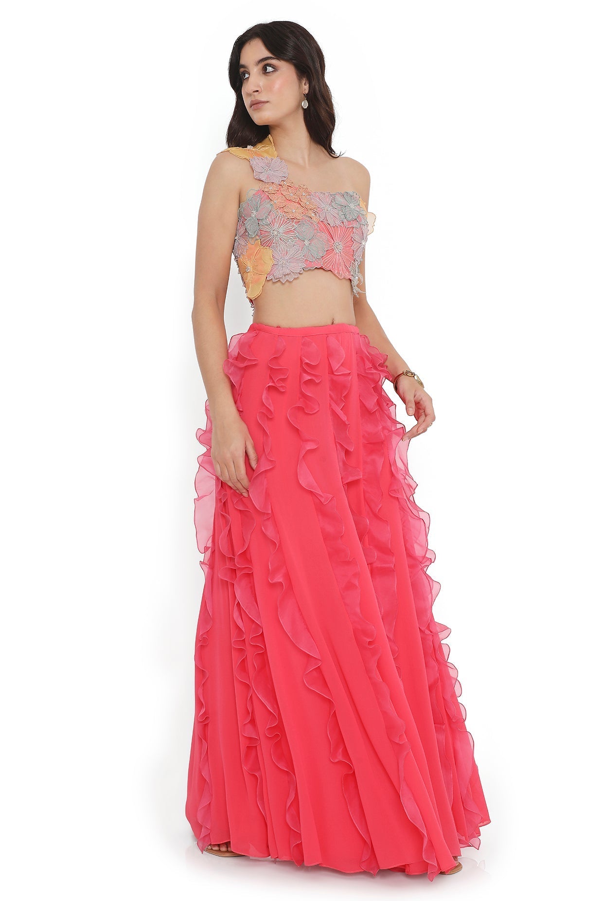 Hot Pink Embroidered Choli With Ruffled Sharara