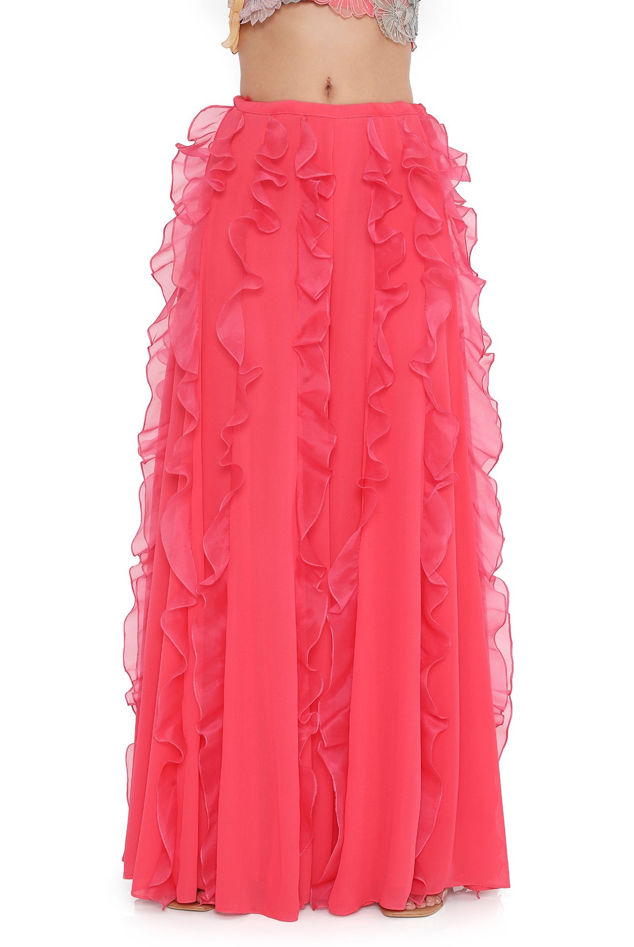 Hot Pink Embroidered Choli With Ruffled Sharara