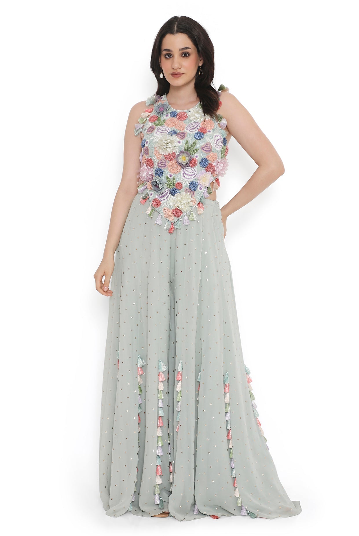 Sea Foam Embroidered Back Tie-Up Choli With Sharara