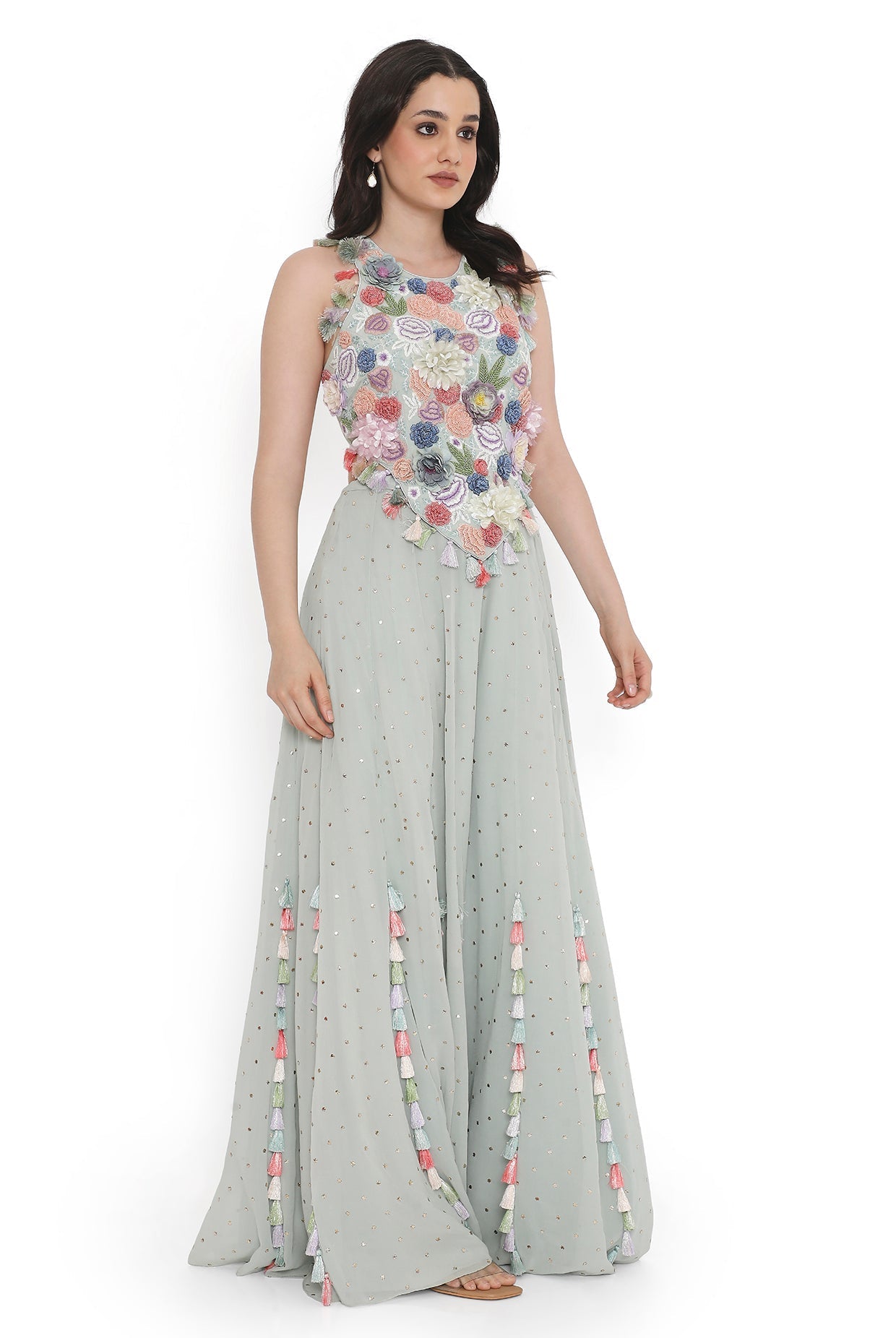 Sea Foam Embroidered Back Tie-Up Choli With Sharara