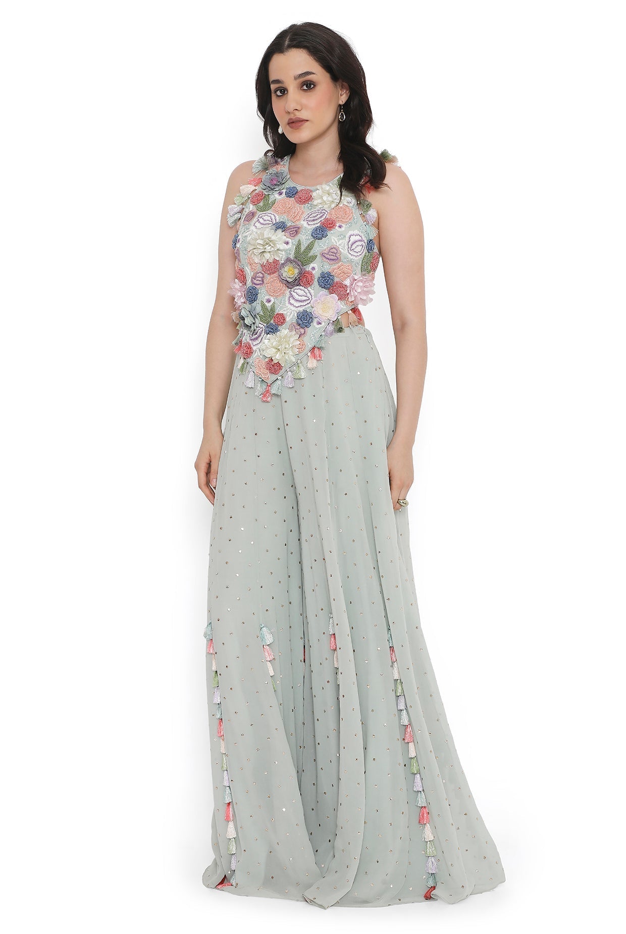 Sea Foam Embroidered Back Tie-Up Choli With Sharara