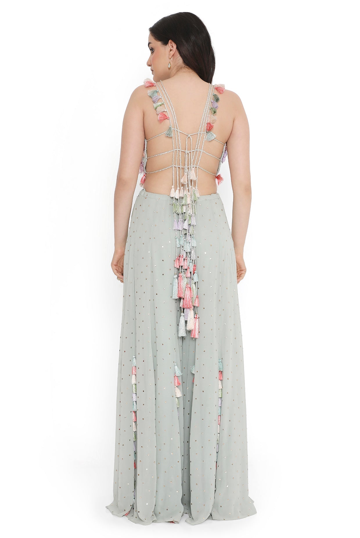 Sea Foam Embroidered Back Tie-Up Choli With Sharara