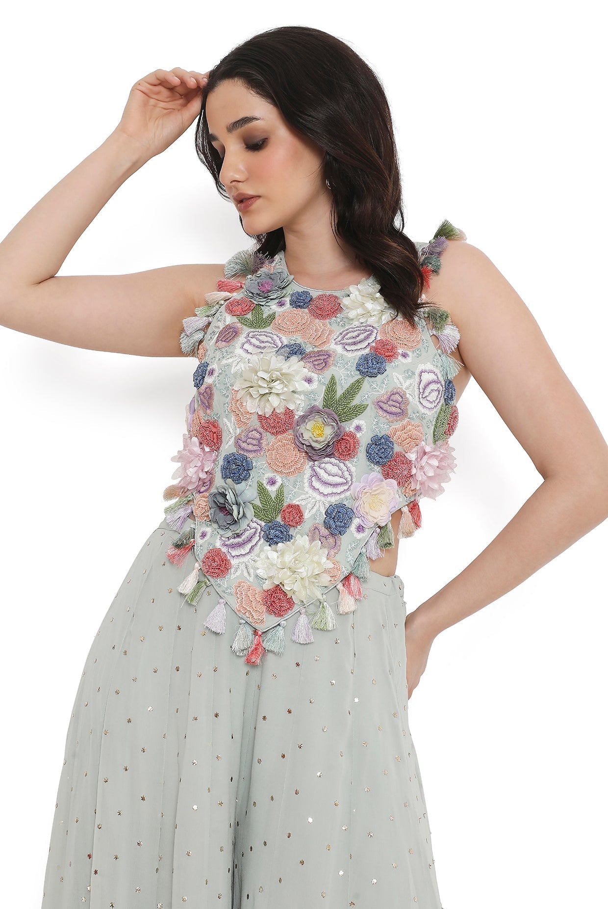 Sea Foam Embroidered Back Tie-Up Choli With Sharara