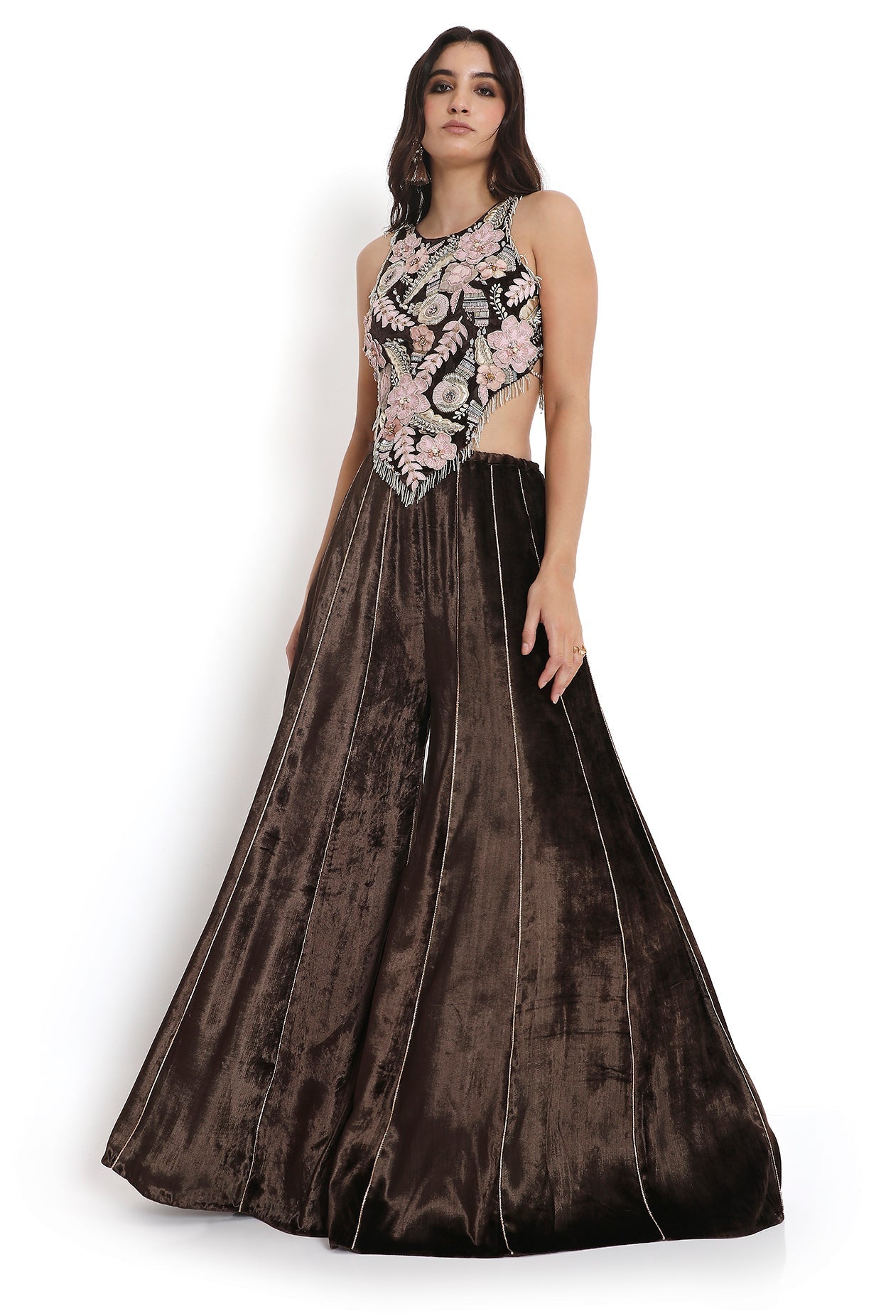 Brown Embroidered Choli With Sharara