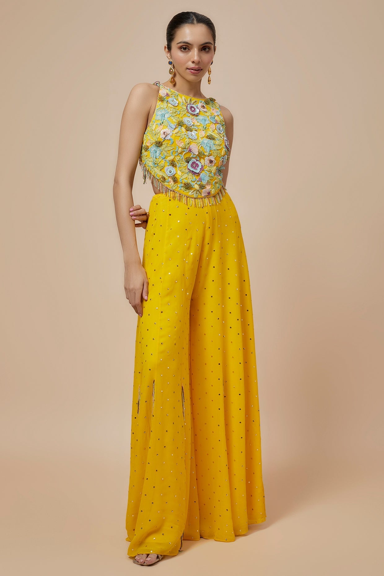 Lime Yellow Embroidered Back Tie-Up Choli And Sharara