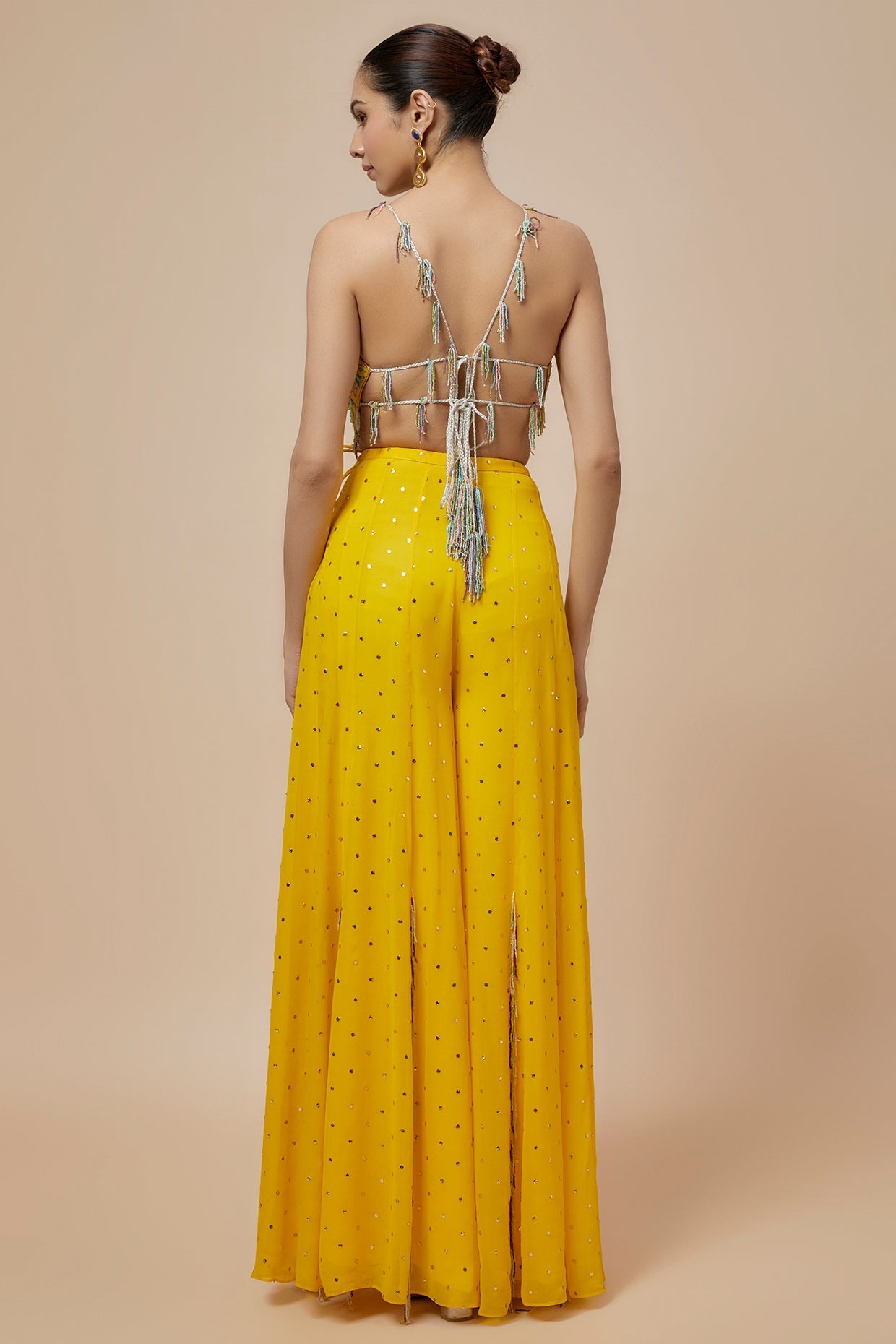 Lime Yellow Embroidered Back Tie-Up Choli And Sharara