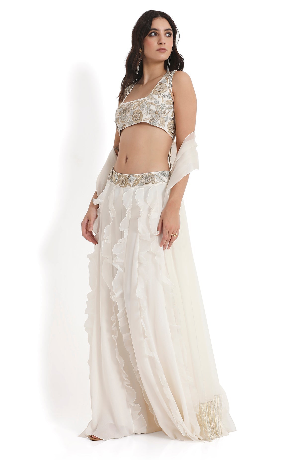 Off-White Embroidered Back Tie-Up Choli And Ruffled Sharara With Dupatta