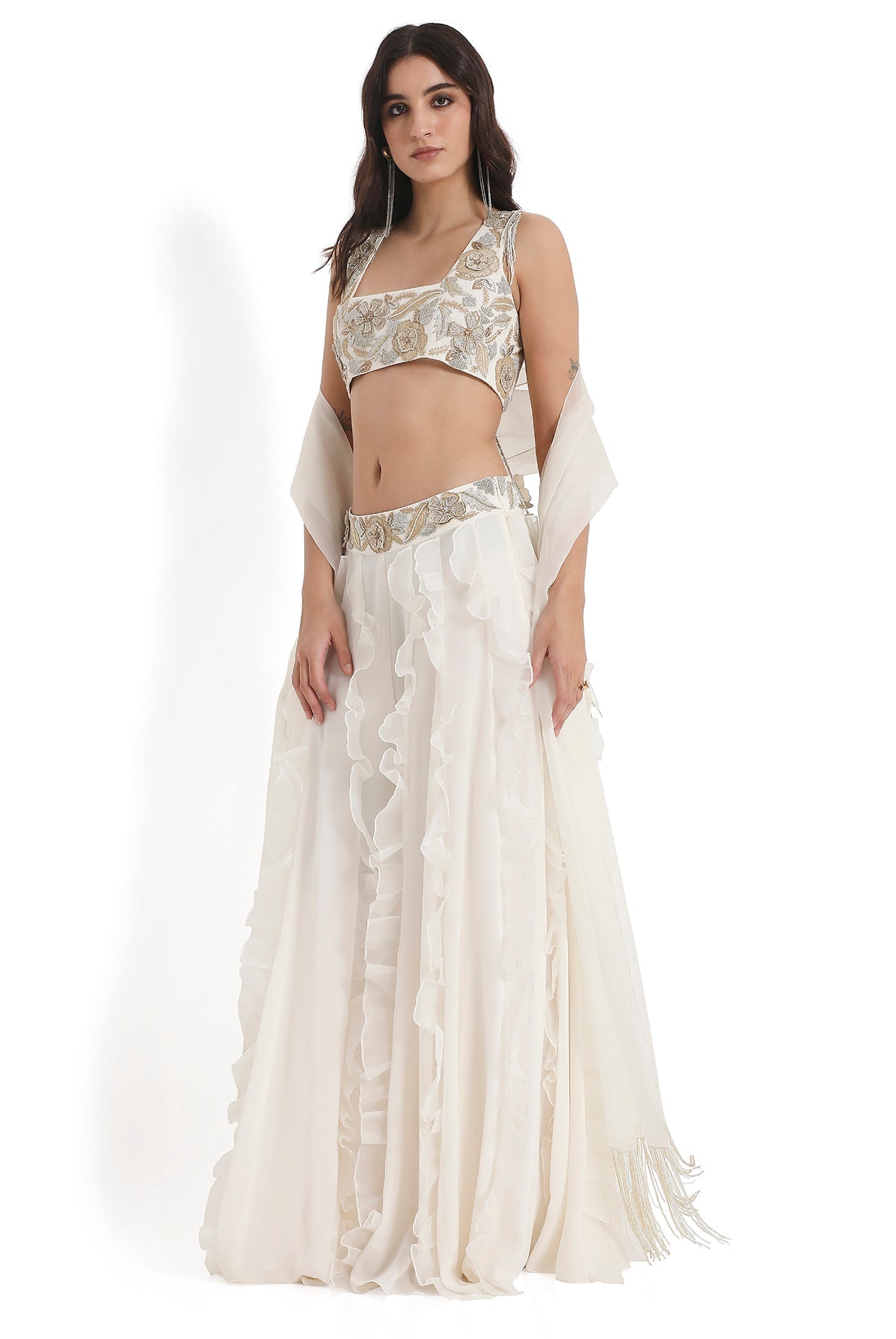 Off-White Embroidered Back Tie-Up Choli And Ruffled Sharara With Dupatta