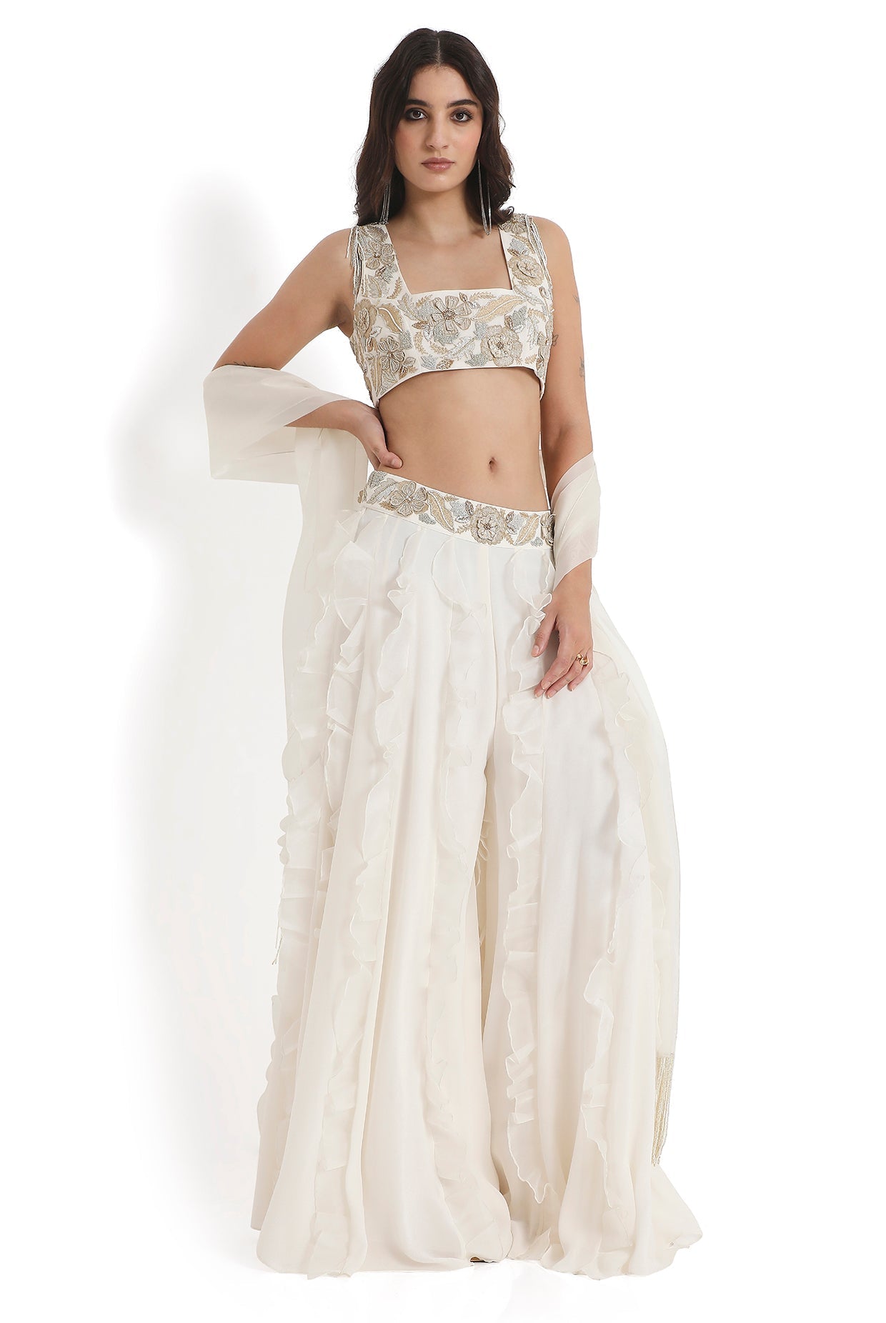 Off-White Embroidered Back Tie-Up Choli And Ruffled Sharara With Dupatta