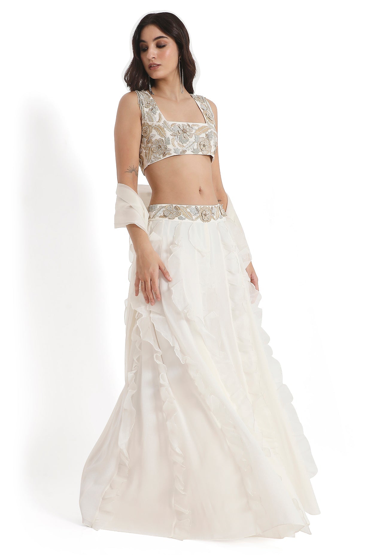 Off-White Embroidered Back Tie-Up Choli And Ruffled Sharara With Dupatta