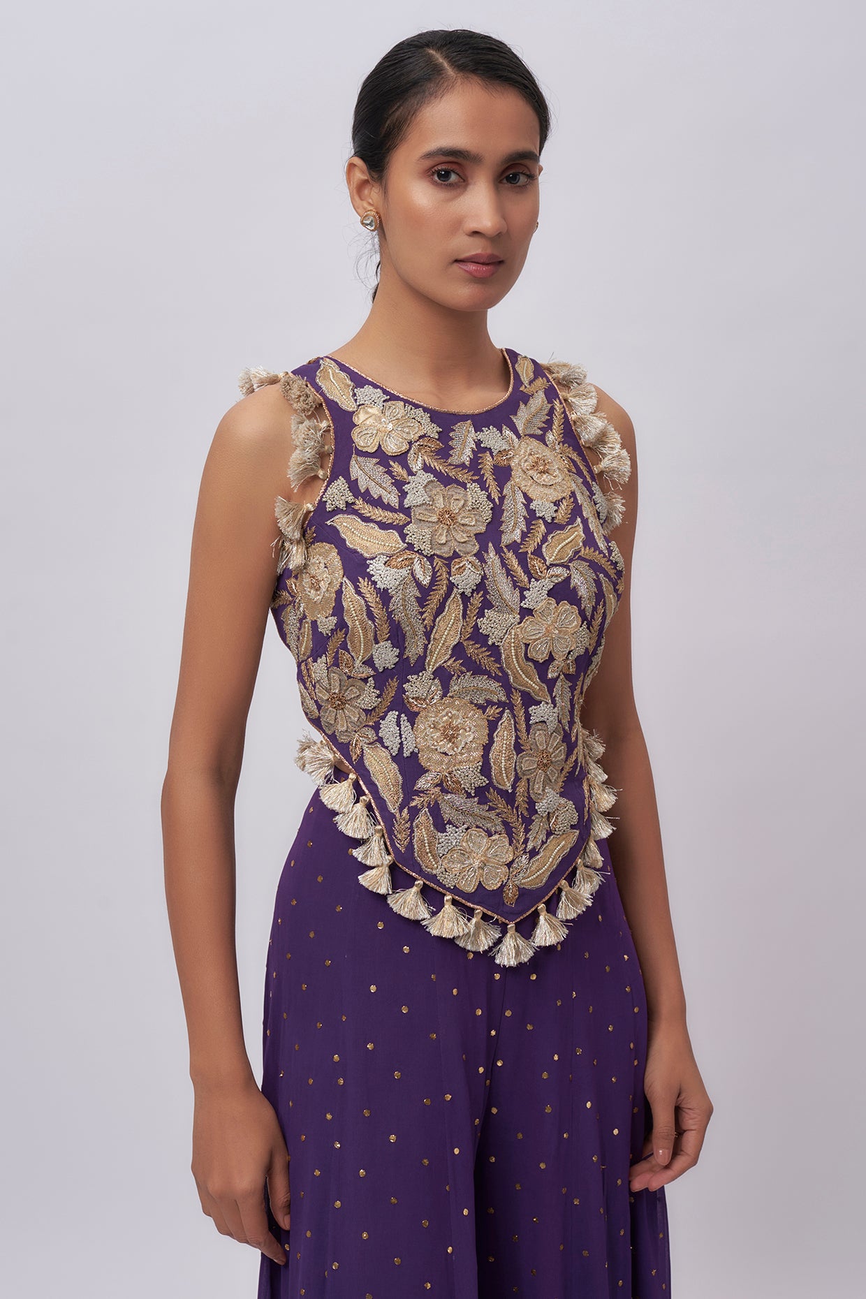 Purple Georgette Embroidred Choli And Mukaish Georgette Sharara