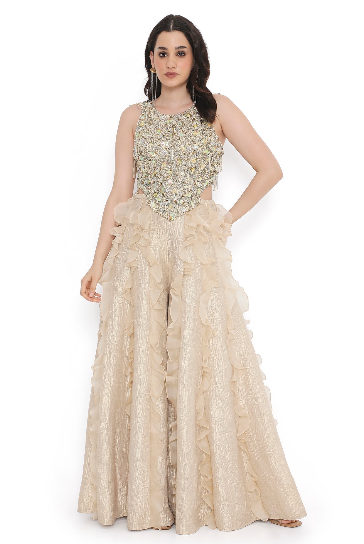 Off White Georgette Embroidered Choli And Gold Tissue Frill Sharara