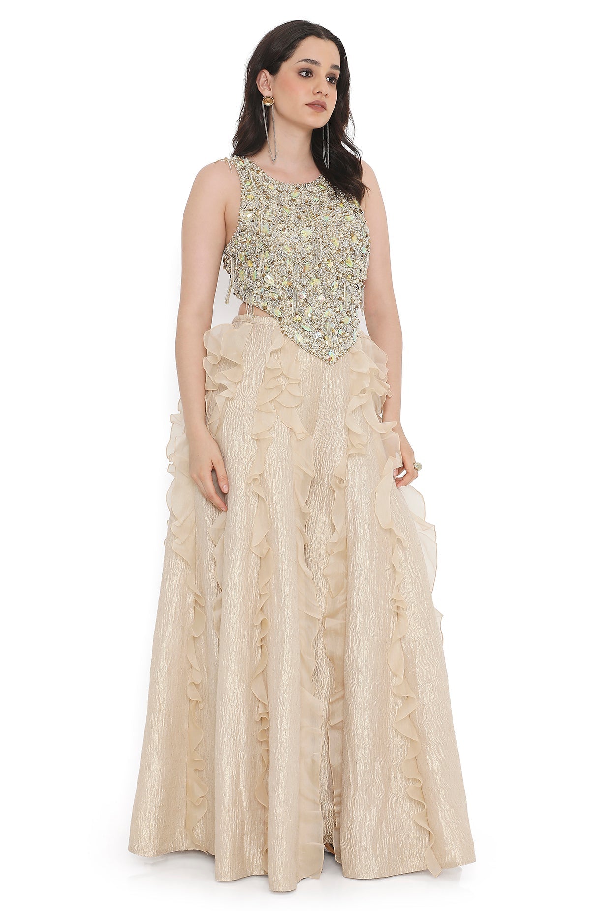 Off White Georgette Embroidered Choli And Gold Tissue Frill Sharara