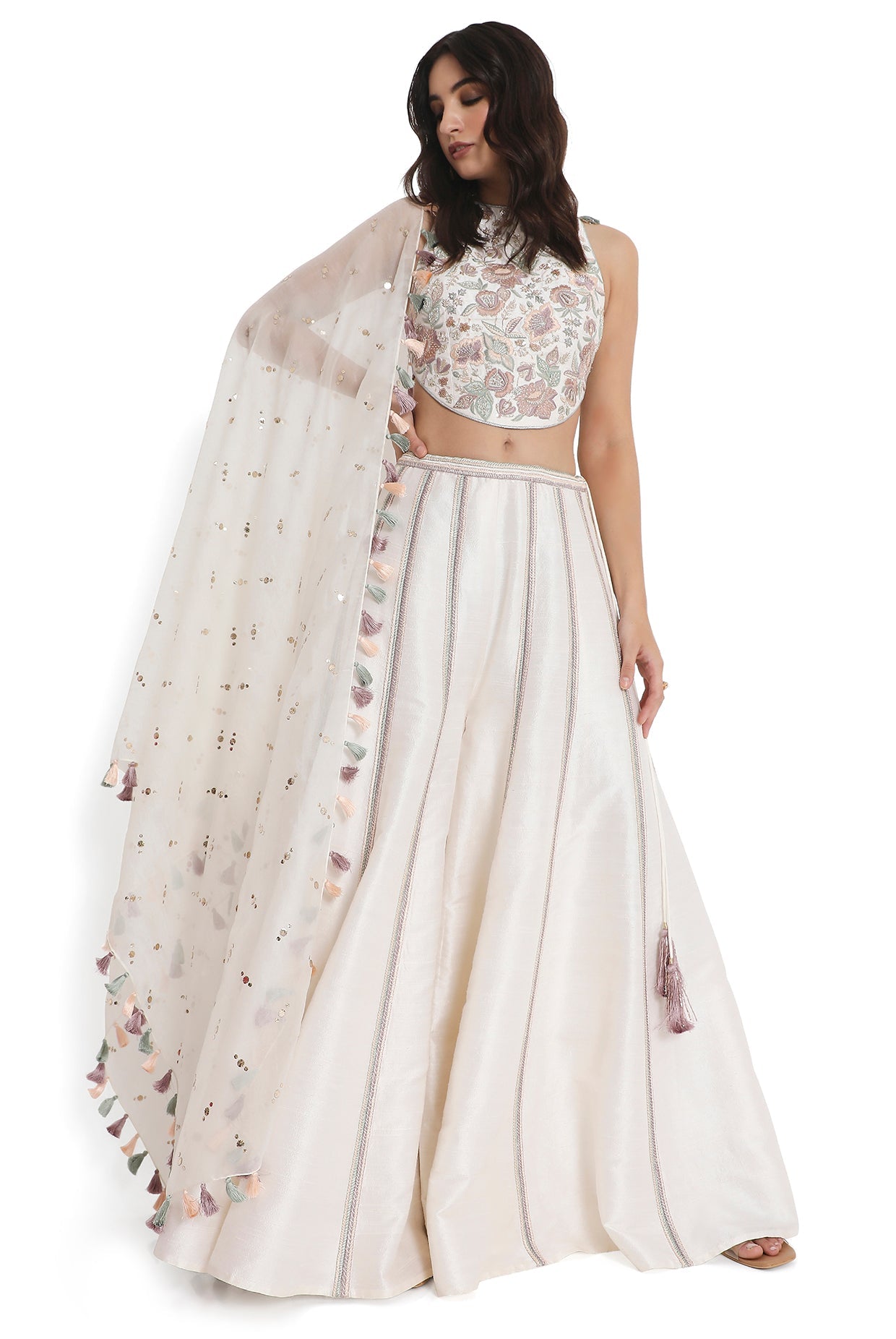 Ivory Embroidered Dupion Silk Choli With Embroidered Sharara