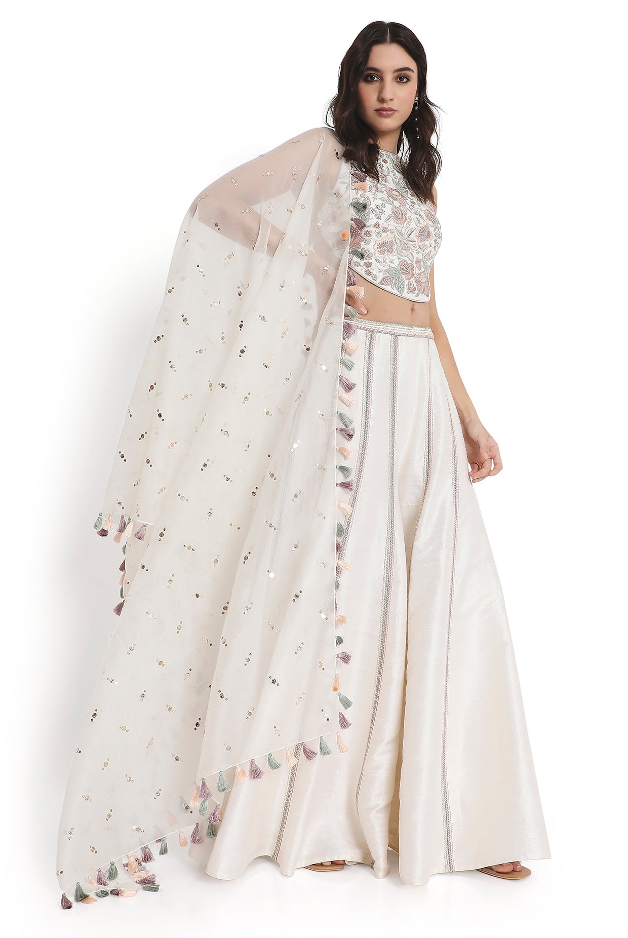 Ivory Embroidered Dupion Silk Choli With Embroidered Sharara