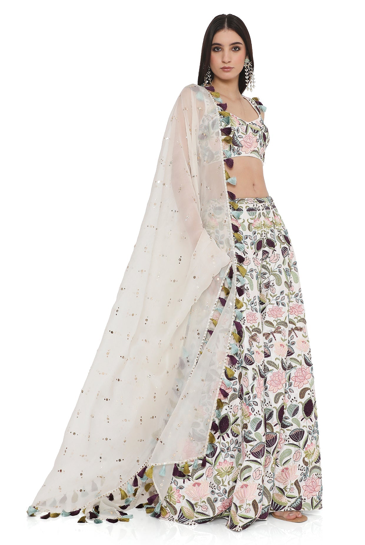 Ivory Lotus Embroidered Choli With Embroidered Sharara With Dupatta