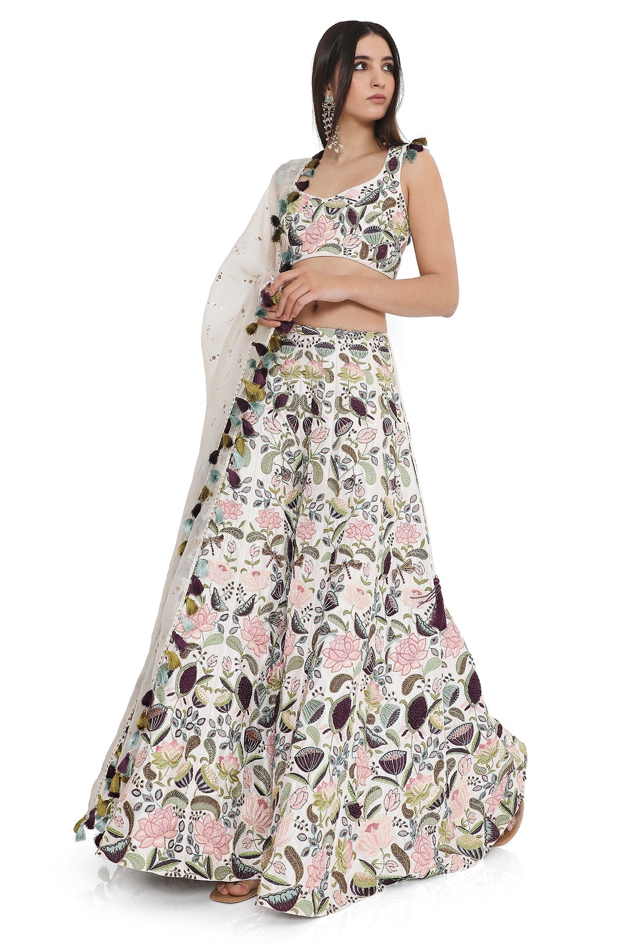 Ivory Lotus Embroidered Choli With Embroidered Sharara With Dupatta