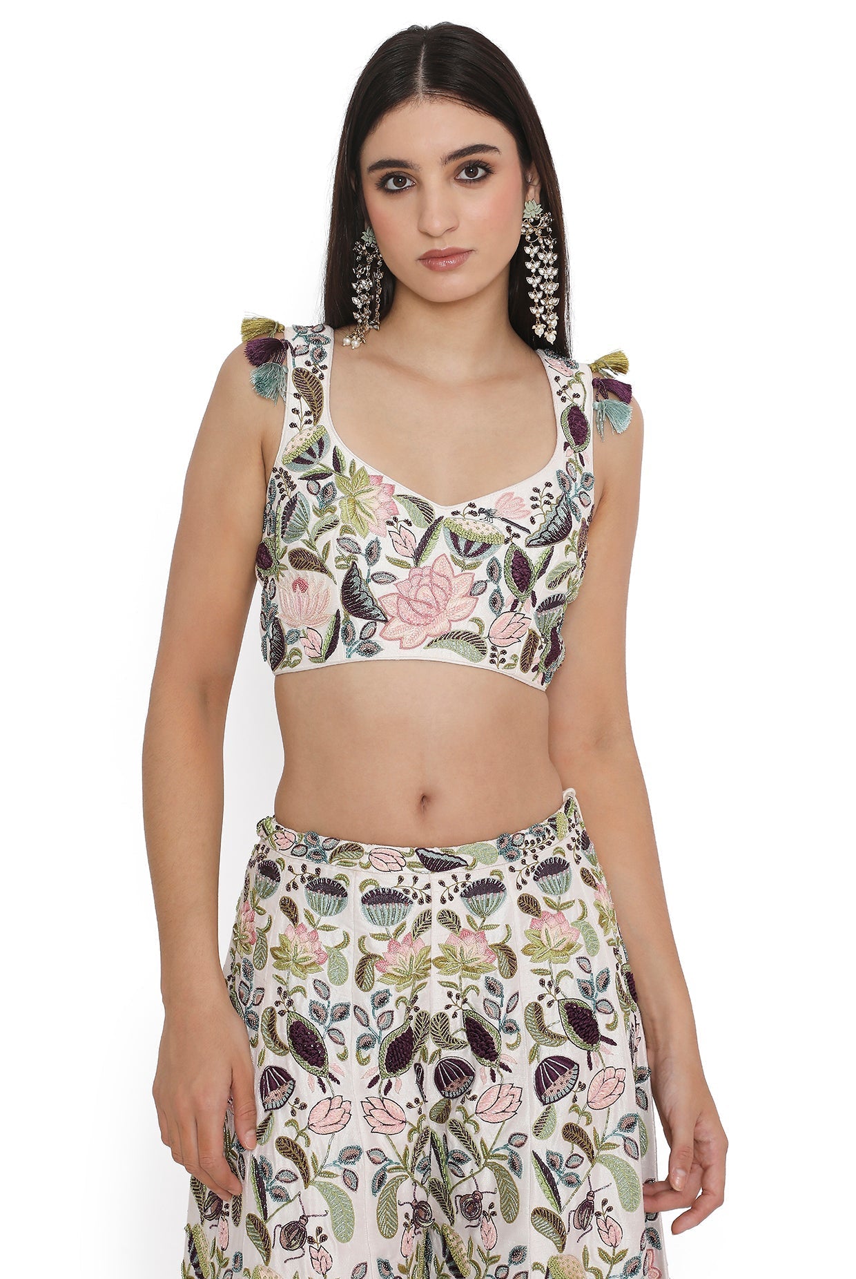 Ivory Lotus Embroidered Choli With Embroidered Sharara With Dupatta