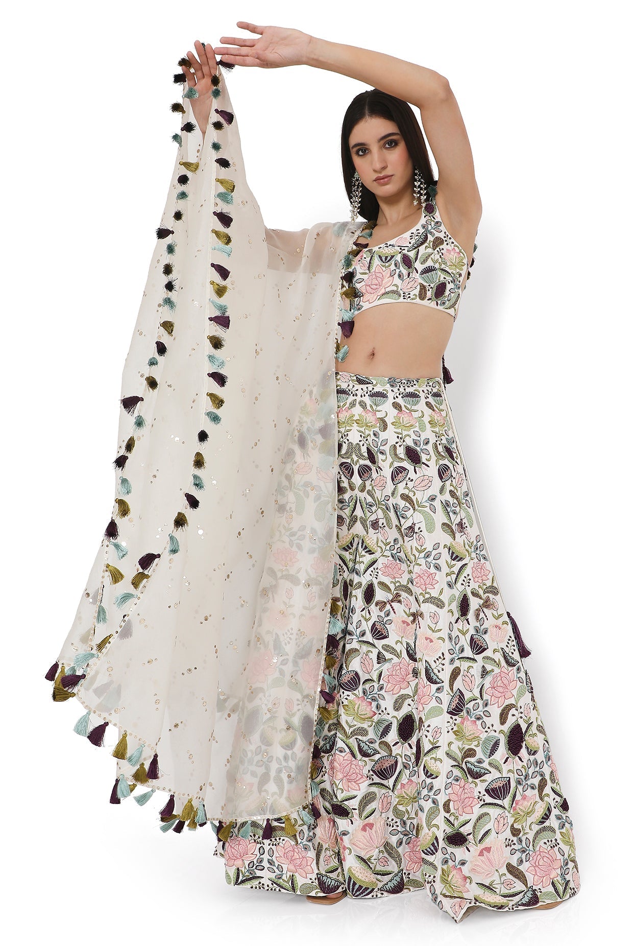 Ivory Lotus Embroidered Choli With Embroidered Sharara With Dupatta