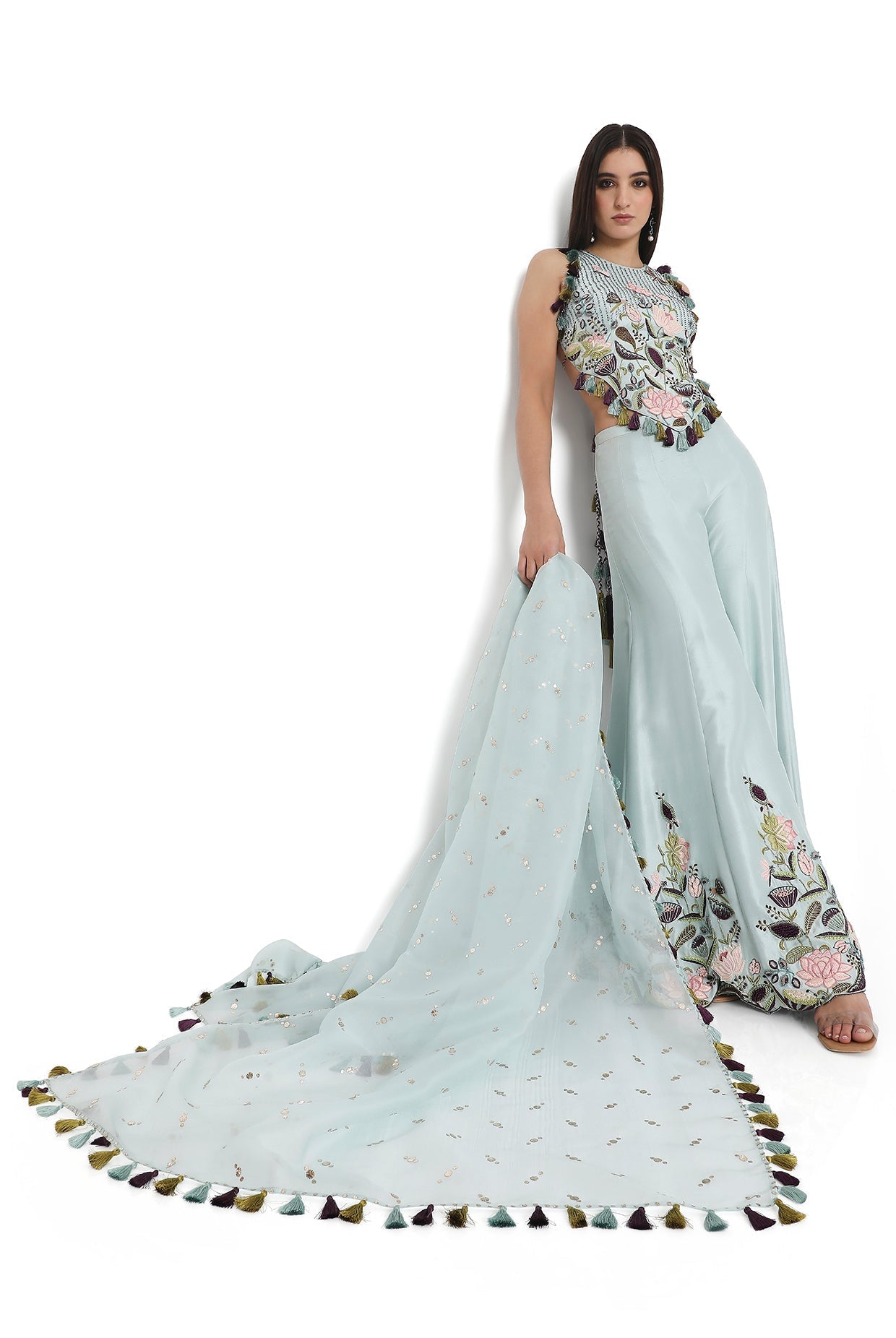 Powder Blue Embroidered Choli And Sharara With Dupatta