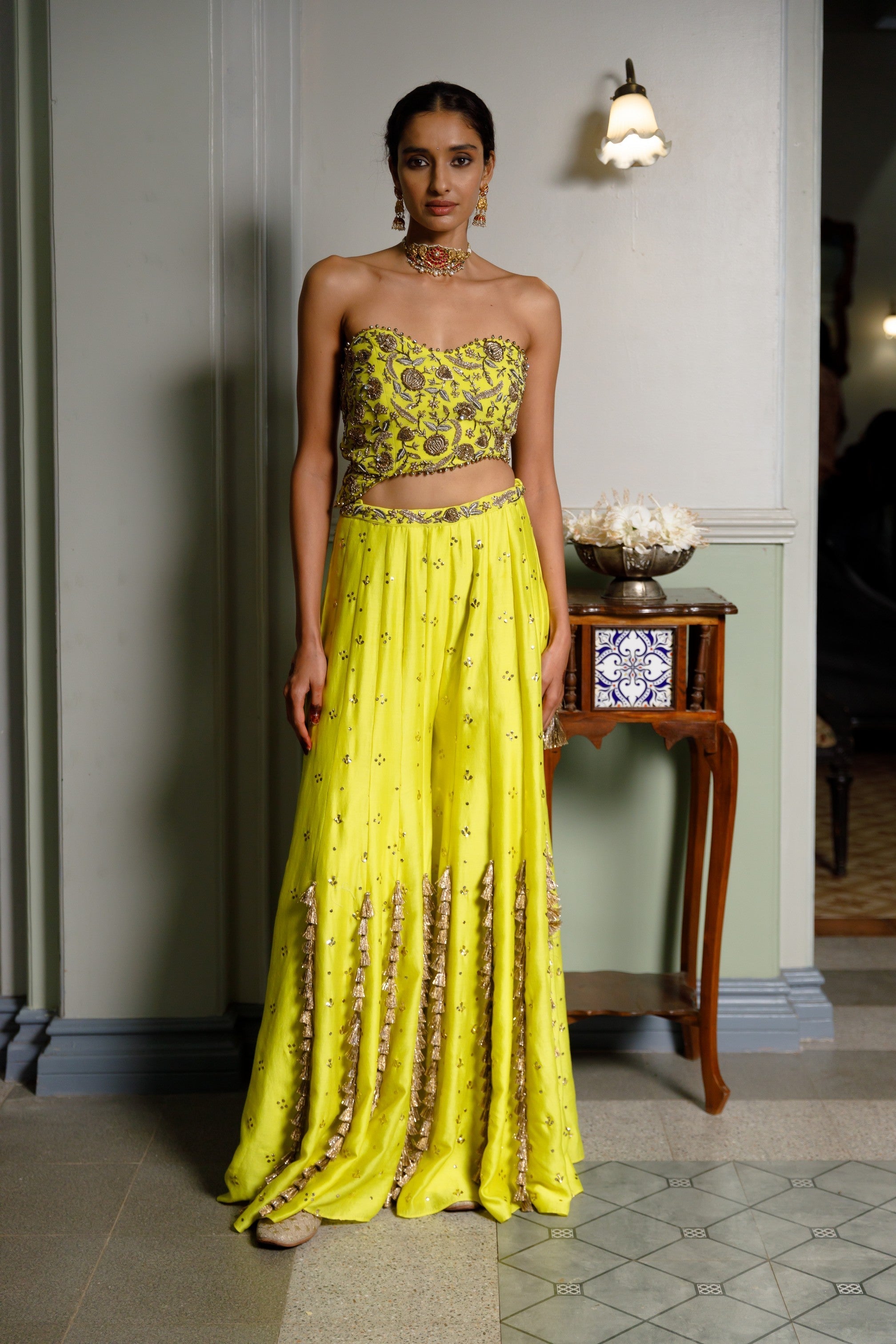 Nissa Lime Yellow Embroidered Choli With Sharara