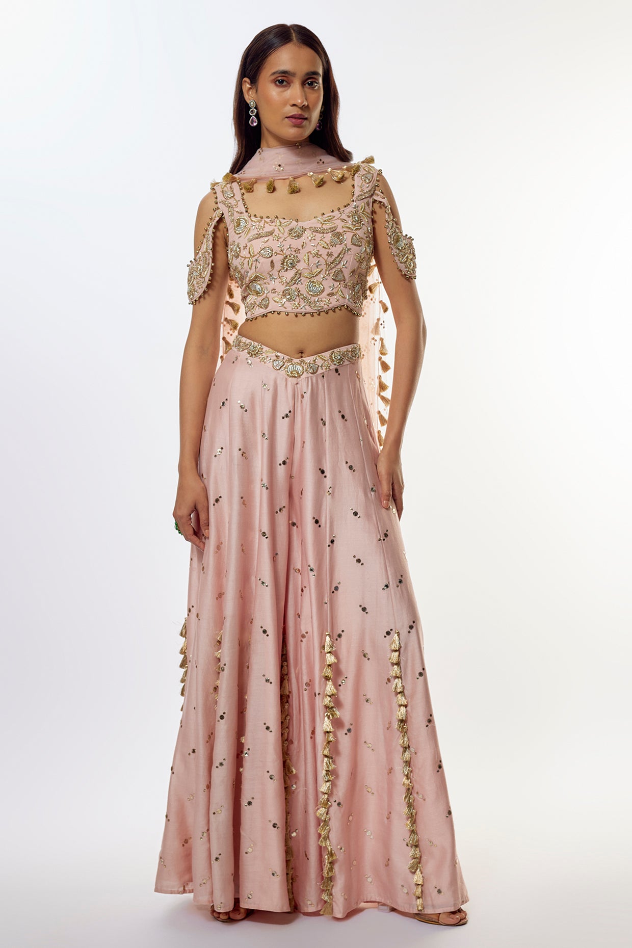 Rose Pink Embroidered Choli With Baju Band And Sharara With Dupatta
