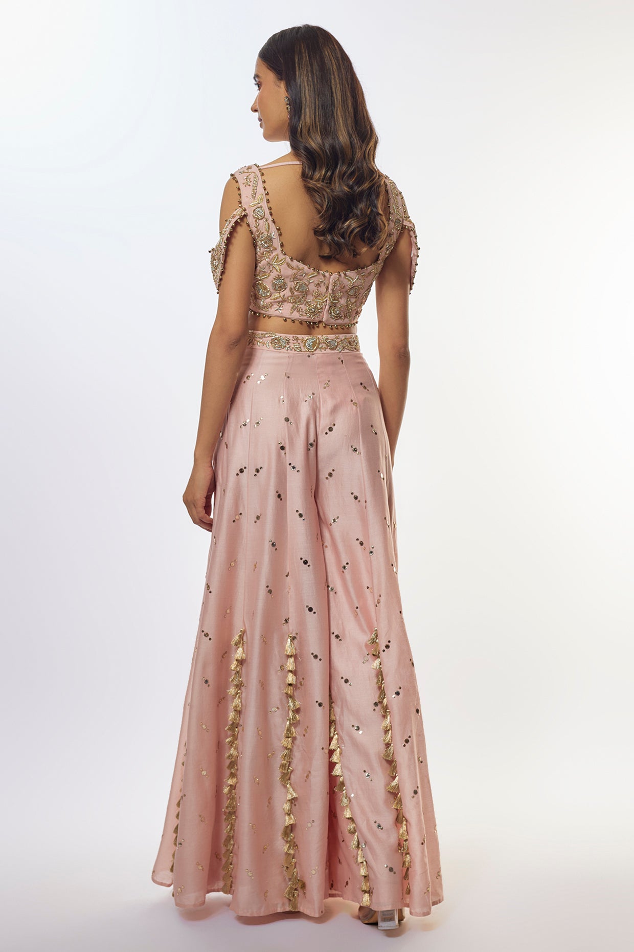 Rose Pink Embroidered Choli With Baju Band And Sharara With Dupatta