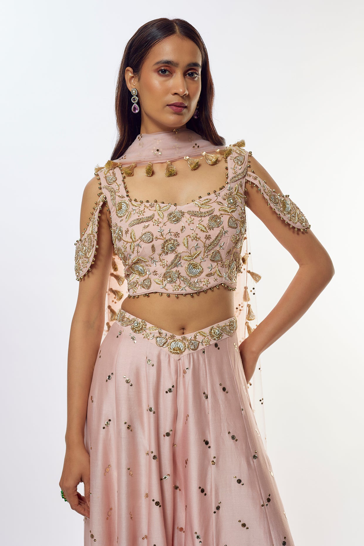 Rose Pink Embroidered Choli With Baju Band And Sharara With Dupatta