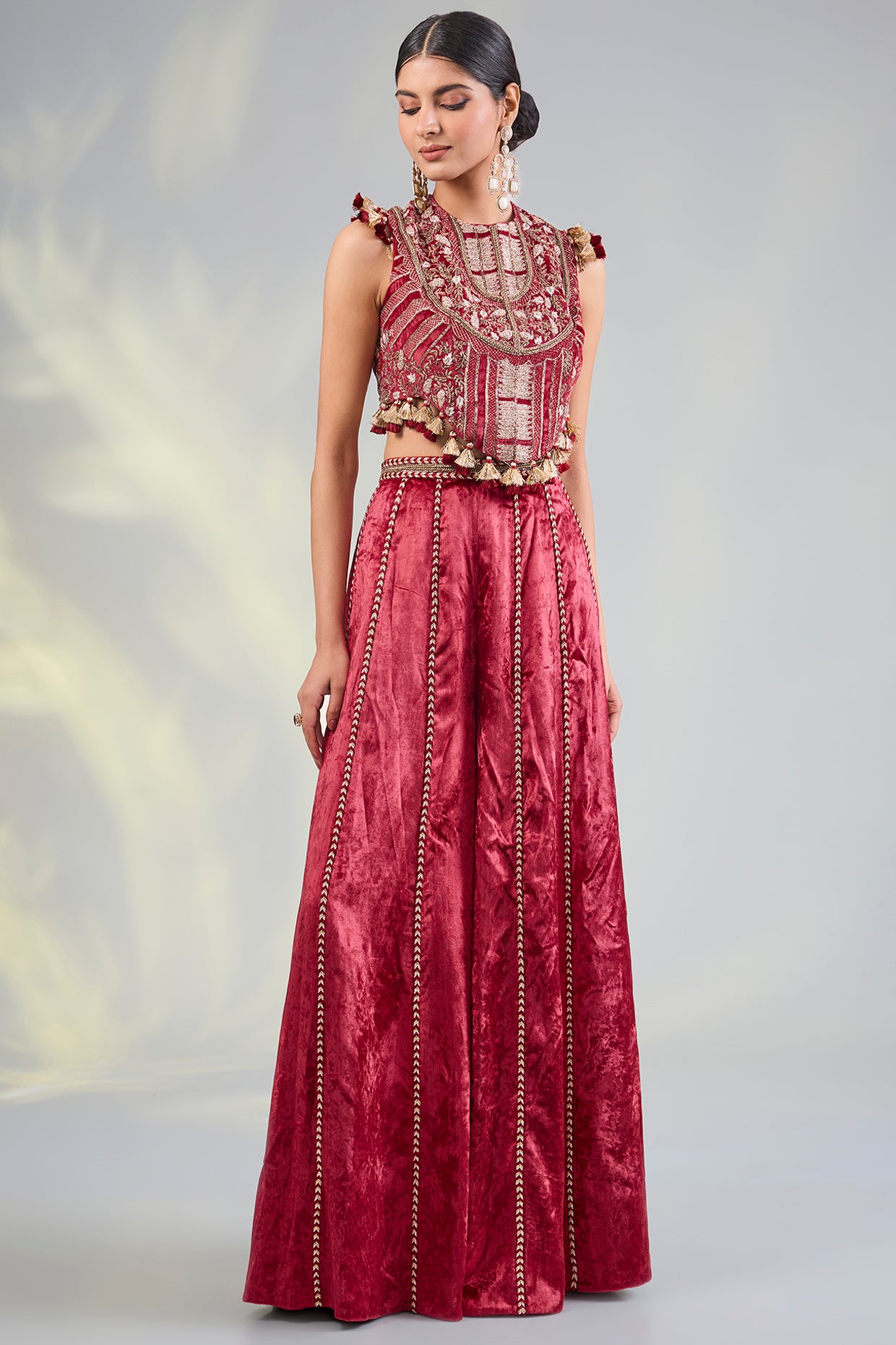 Dark Red Embroidered Choli With Sharara