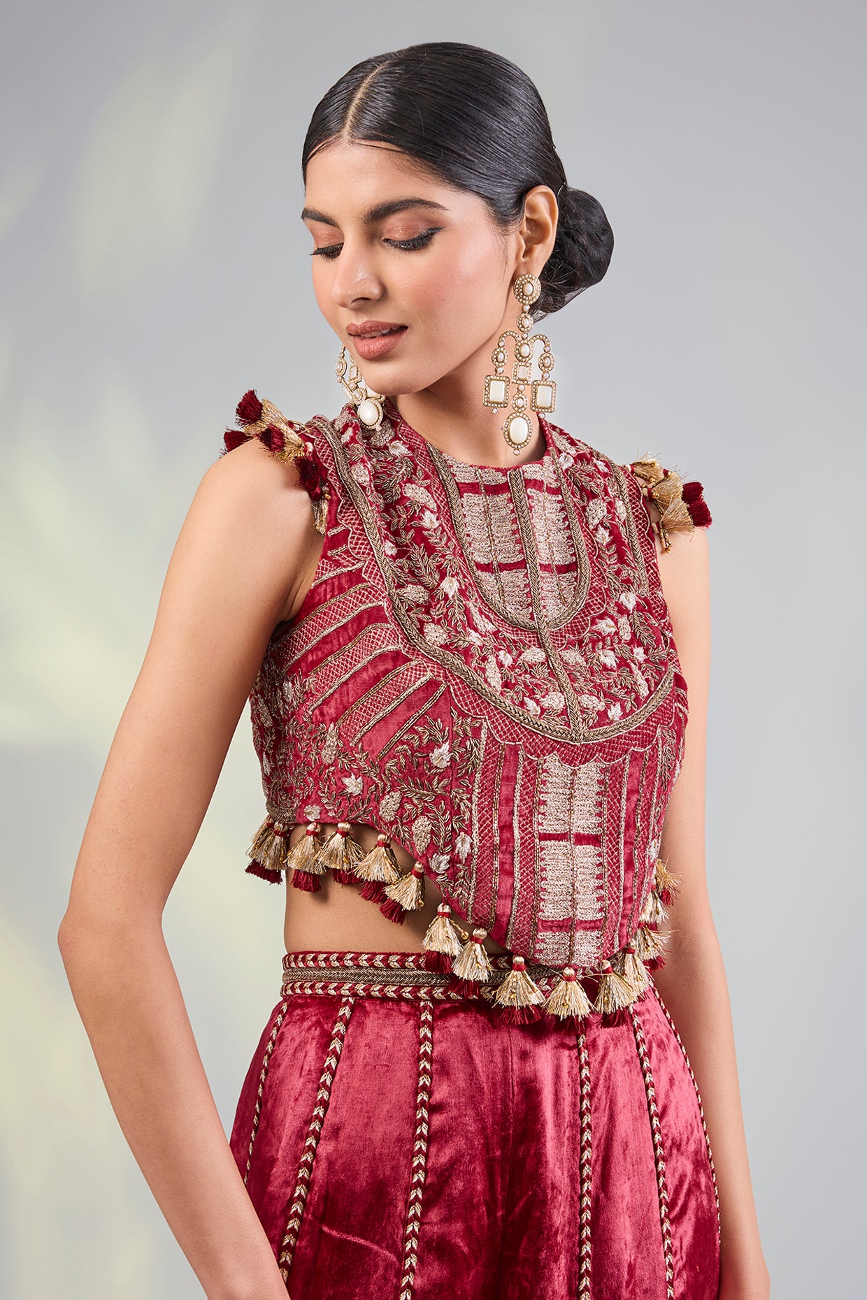 Dark Red Embroidered Choli With Sharara