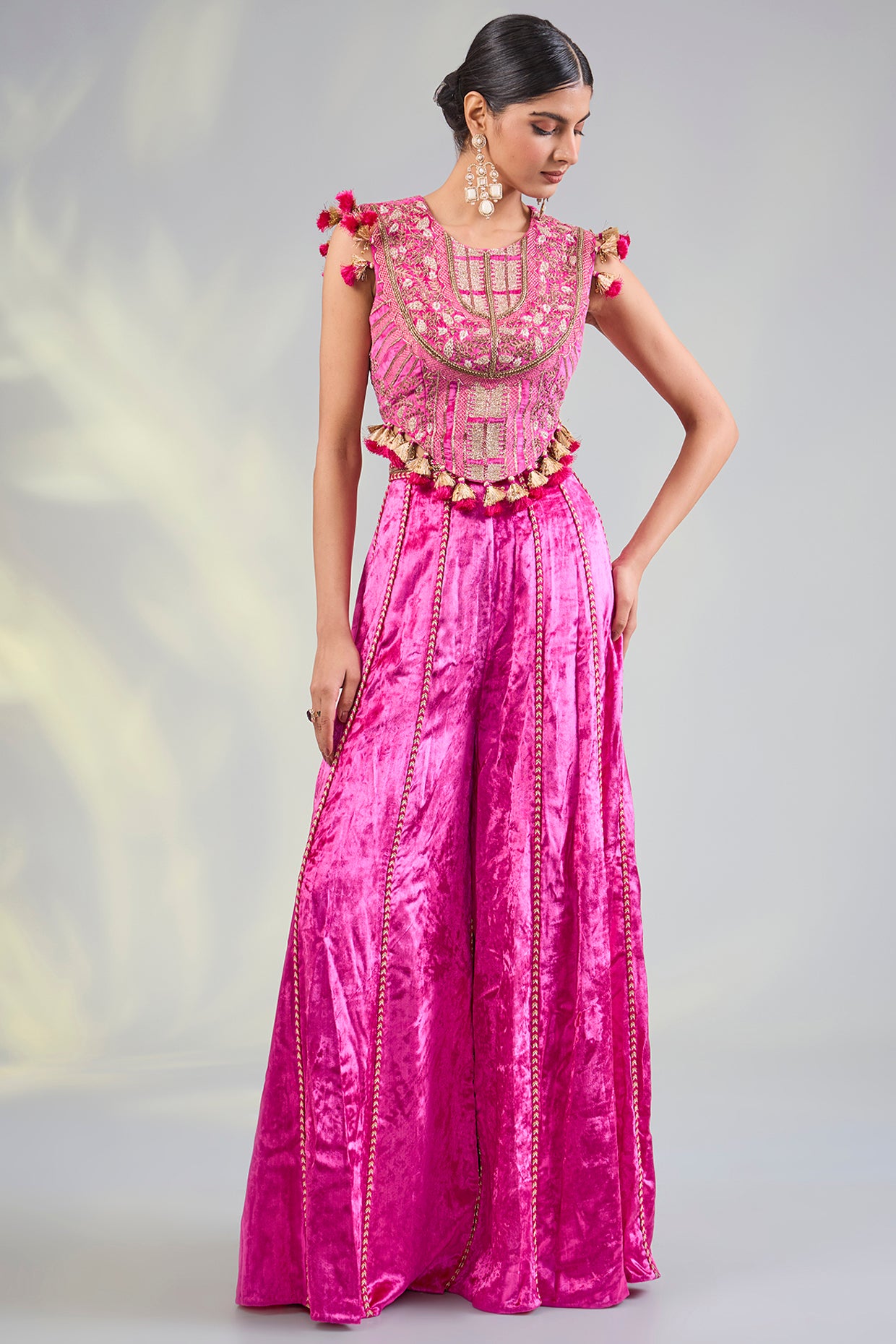 Hot Pink Embroidered Choli With Sharara
