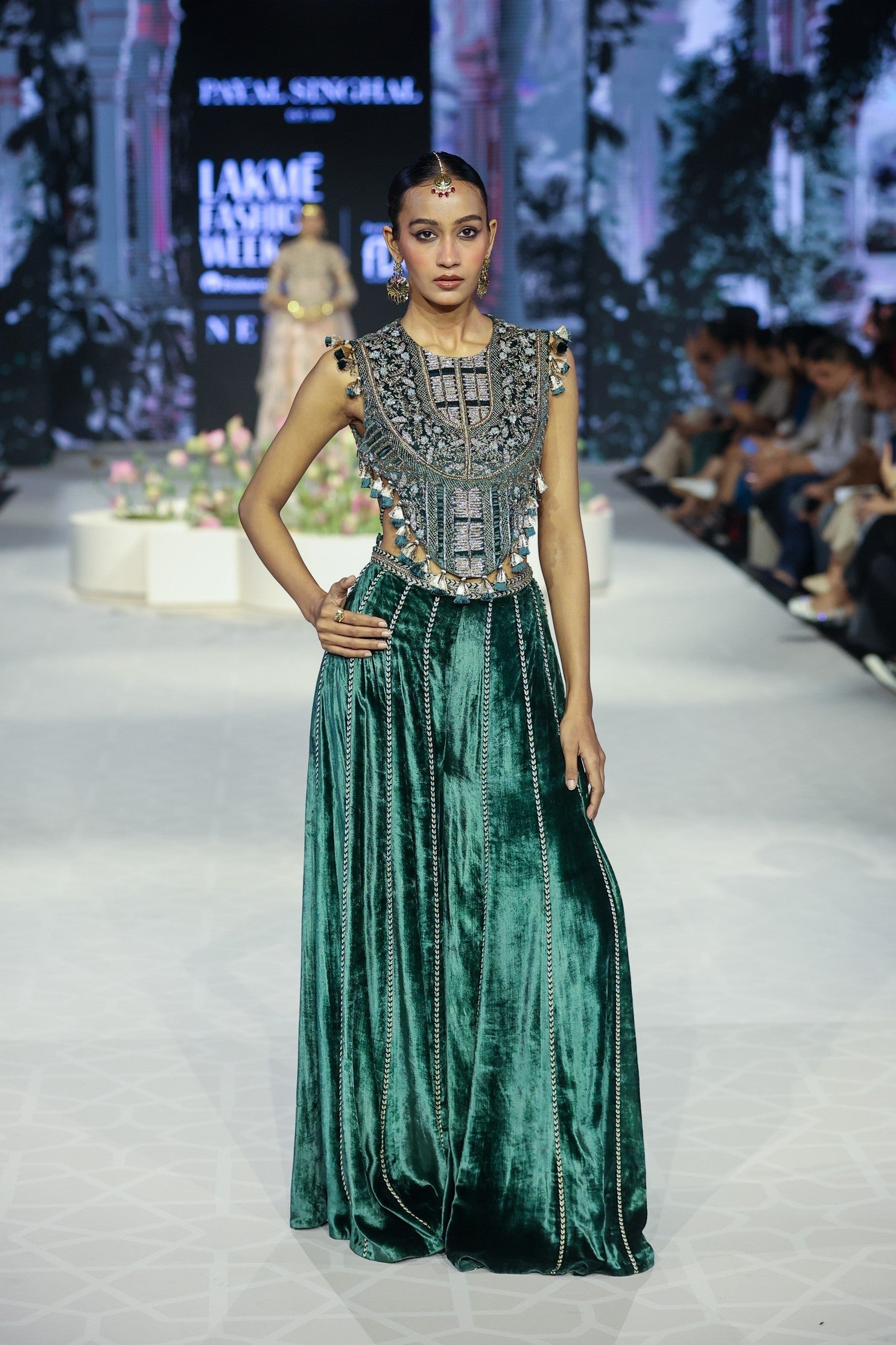 Benazir Emerald Green Embroidered Back Tie-Up Choli And Sharara Pant