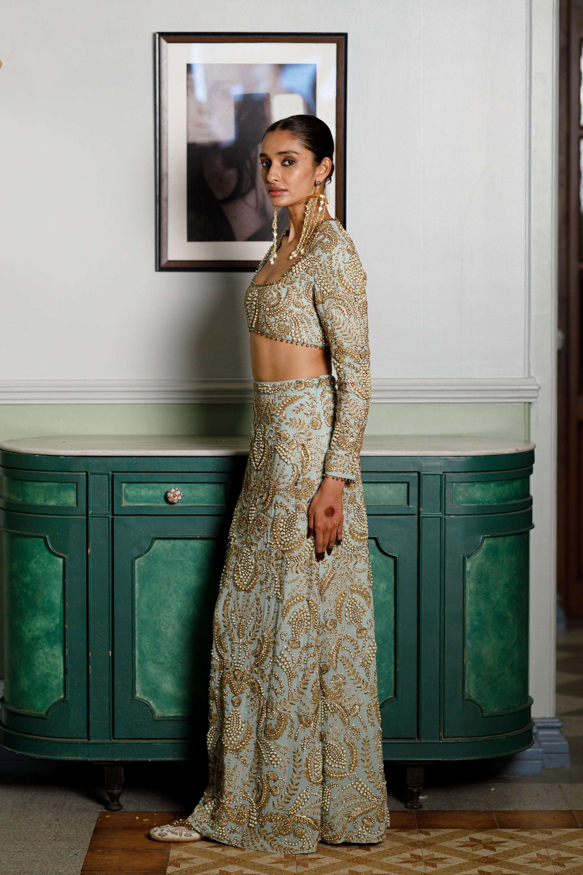 Soha Mint Embroidered Choli And Skirt