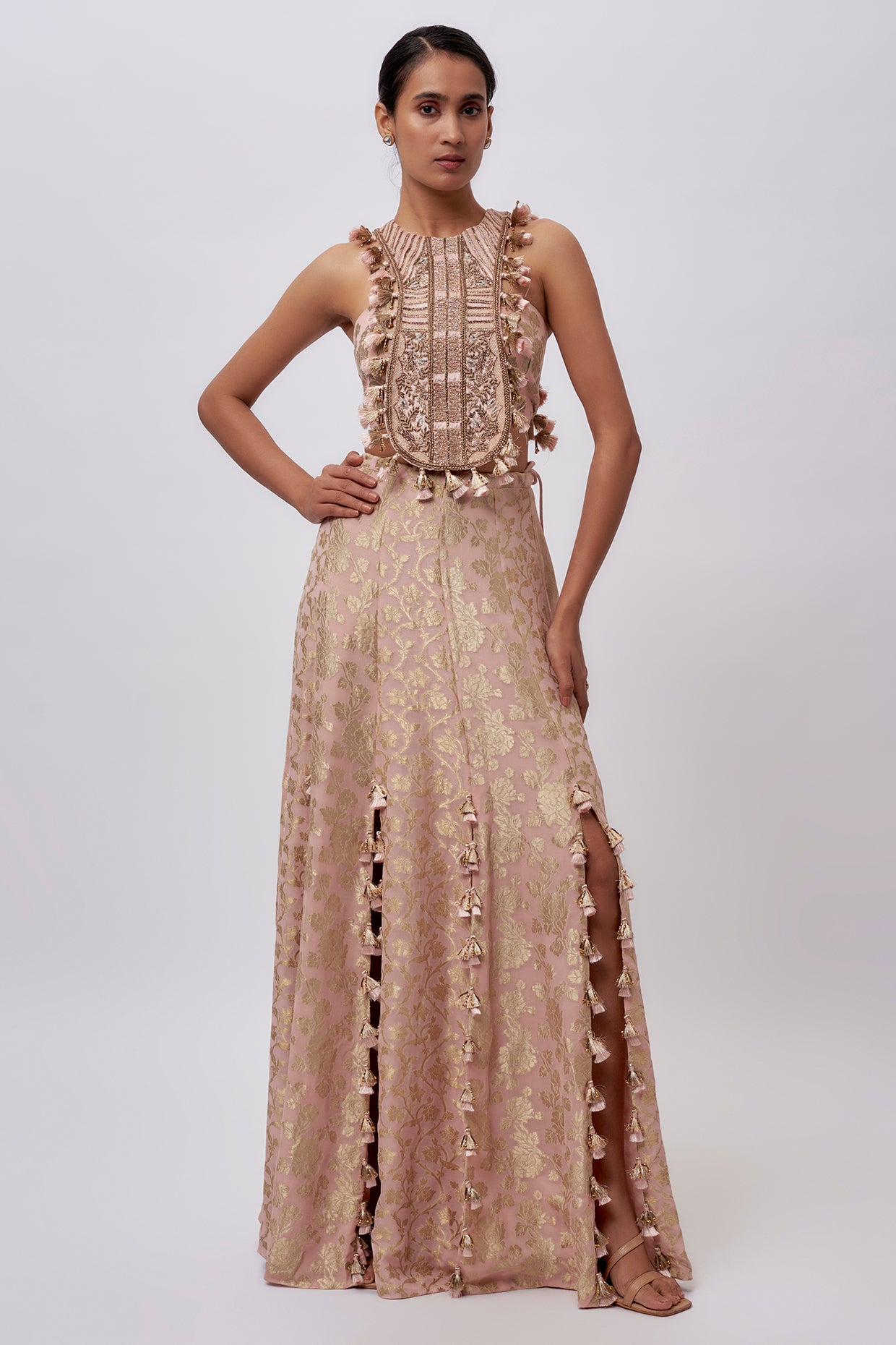 Blush Pink Velvet Embroidered Yoke Bib With Brocade Silk Bustier And Skirt.