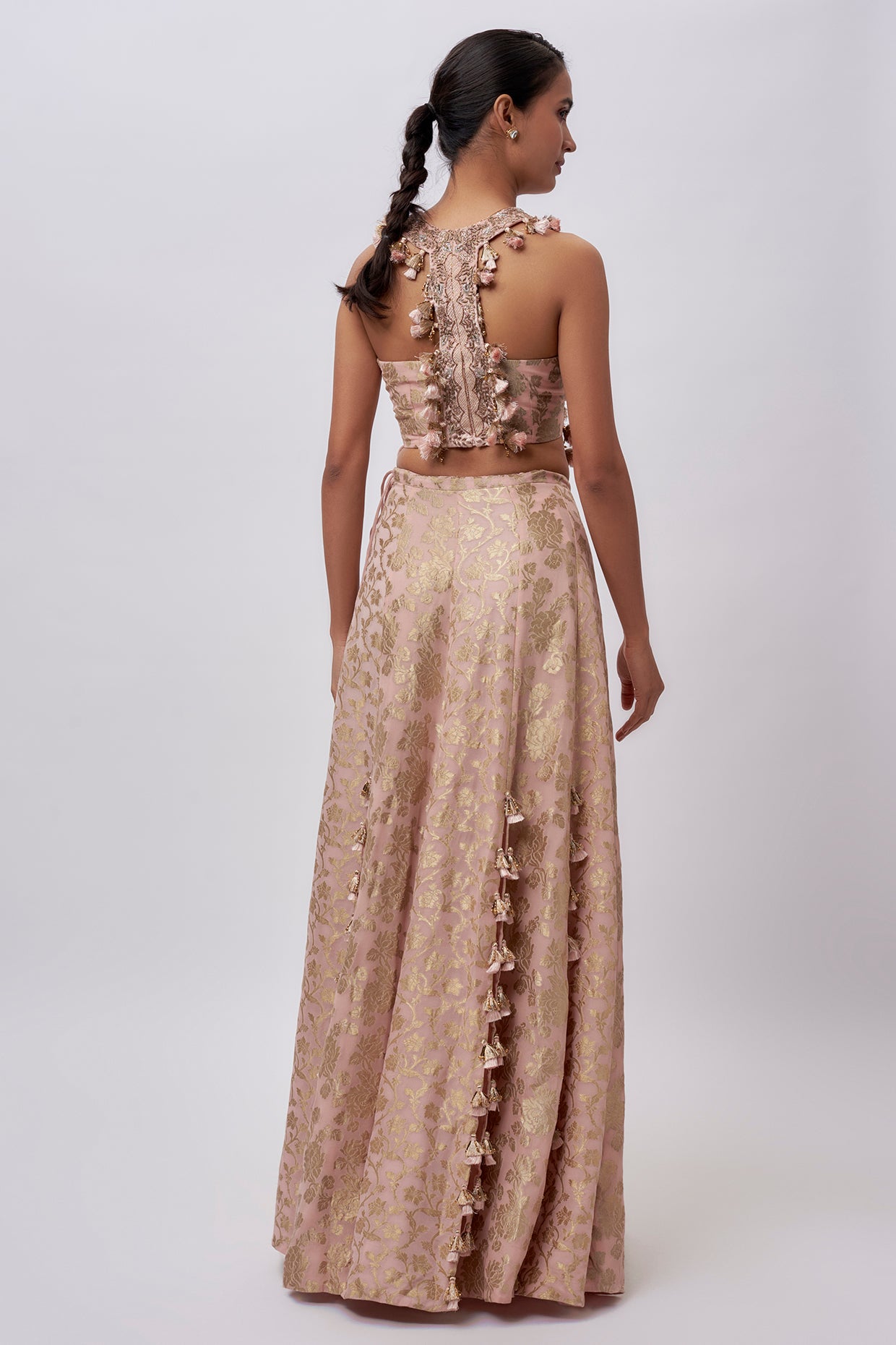 Blush Pink Velvet Embroidered Yoke Bib With Brocade Silk Bustier And Skirt.