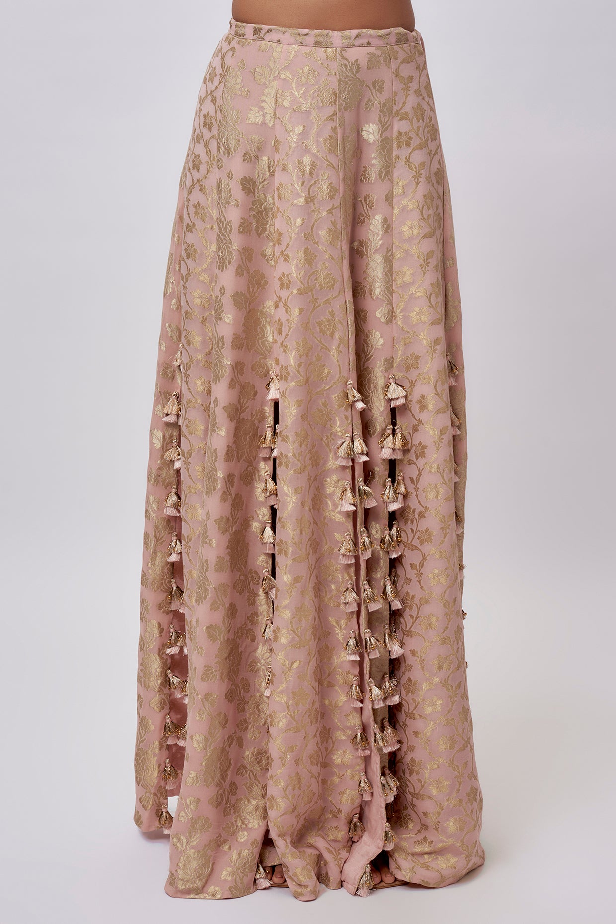 Blush Pink Velvet Embroidered Yoke Bib With Brocade Silk Bustier And Skirt.