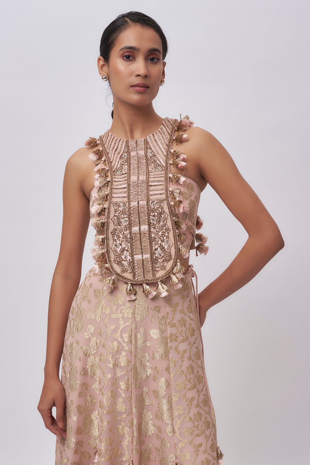 Blush Pink Velvet Embroidered Yoke Bib With Brocade Silk Bustier And Skirt.