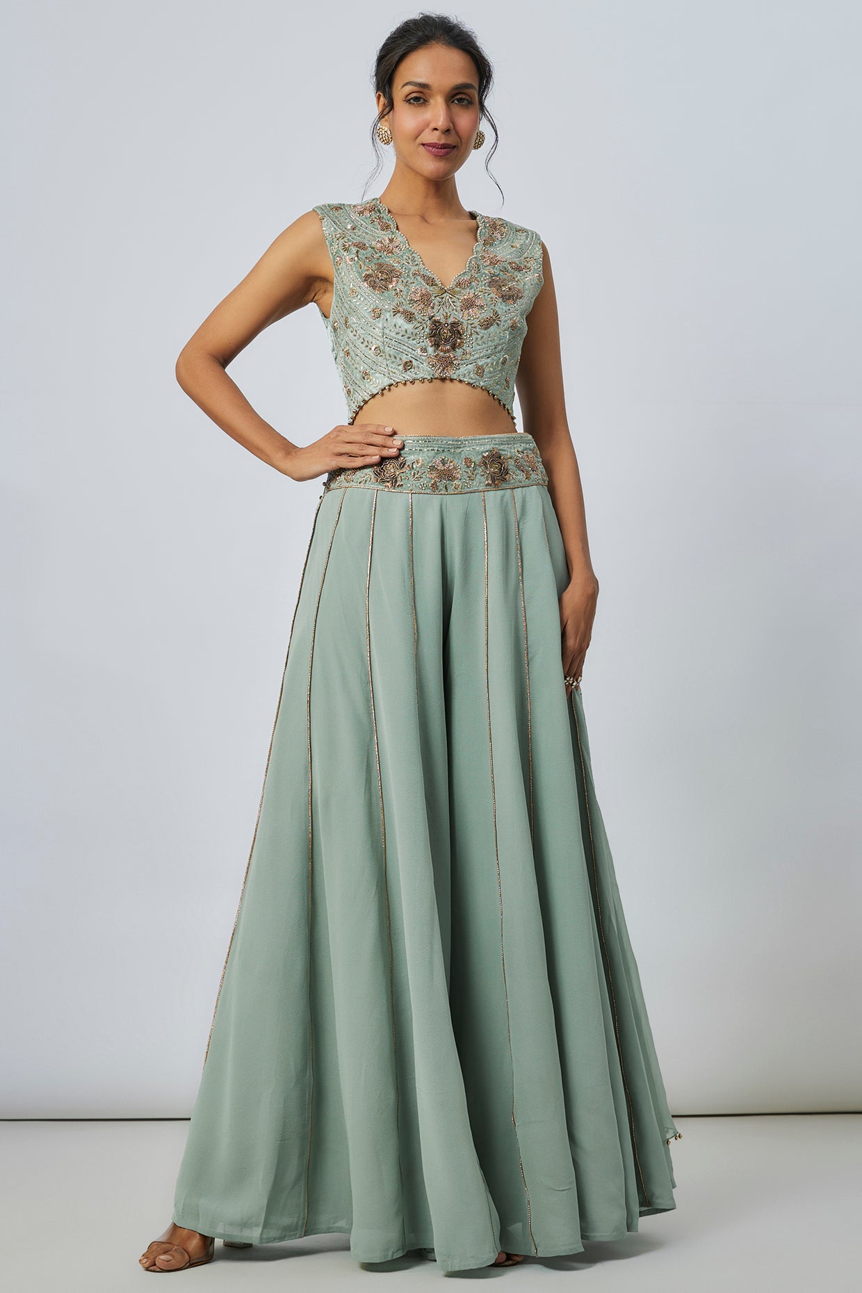Seafoam High Low Embroidered Choli With Embroidered Sharara