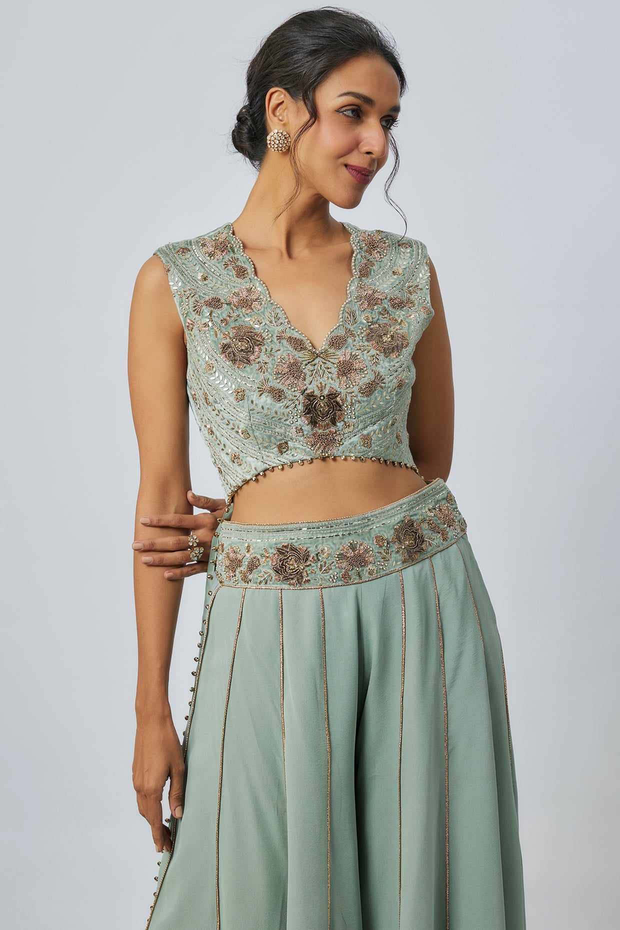 Seafoam High Low Embroidered Choli With Embroidered Sharara