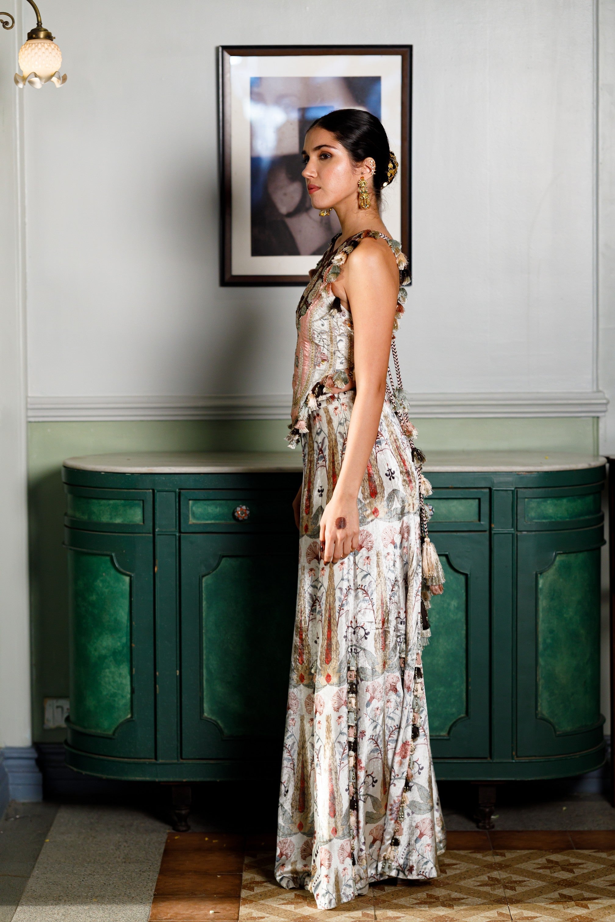 Kainat Ochre Forest Whisper Printed Embroidered Back Tie-Up Choli And Sharara