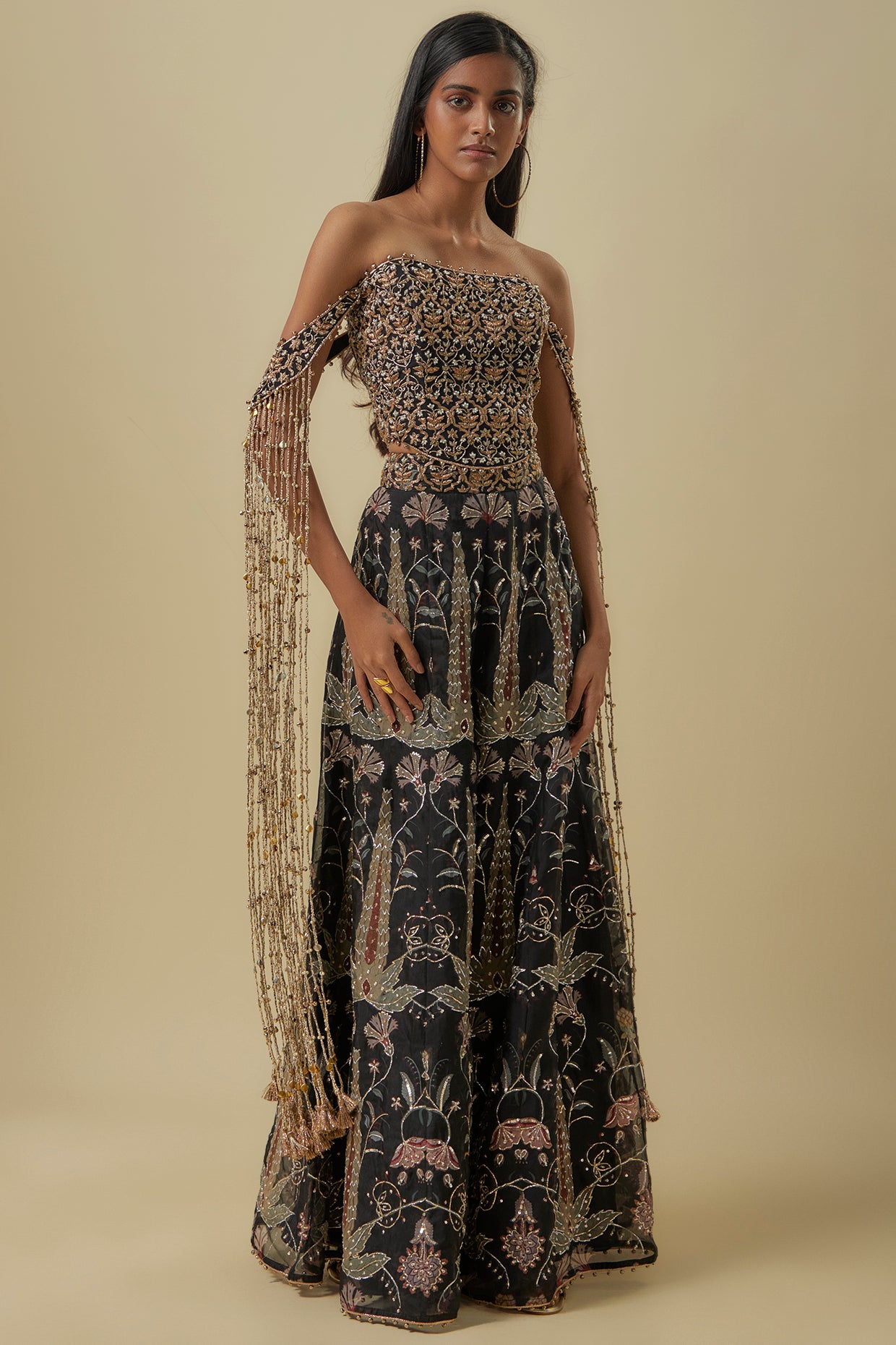Black Georgette Embroidered Off-Shoulder Corset With Black Forest Whisper Print Organza Lifted Sharara.