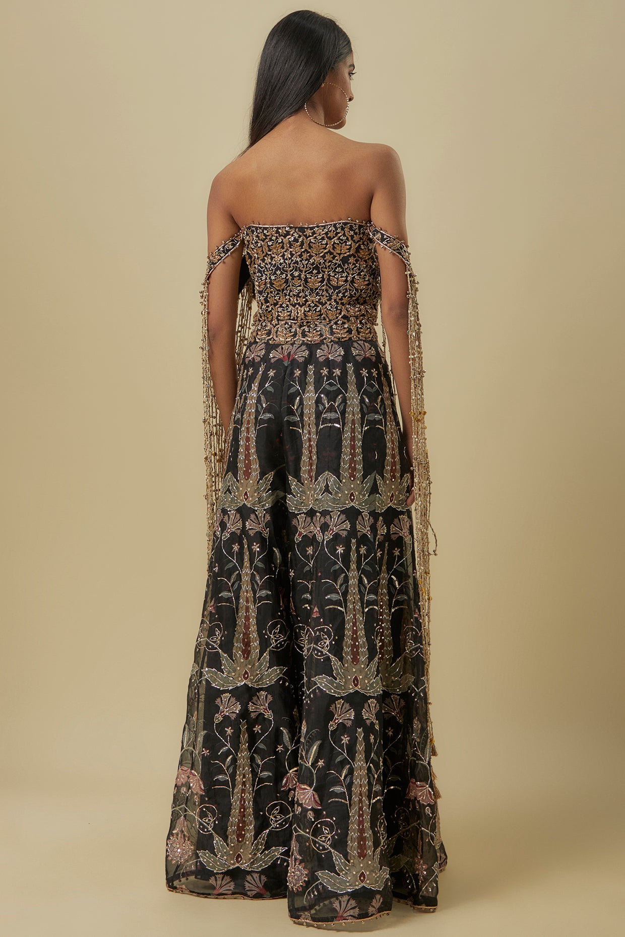 Black Georgette Embroidered Off-Shoulder Corset With Black Forest Whisper Print Organza Lifted Sharara.