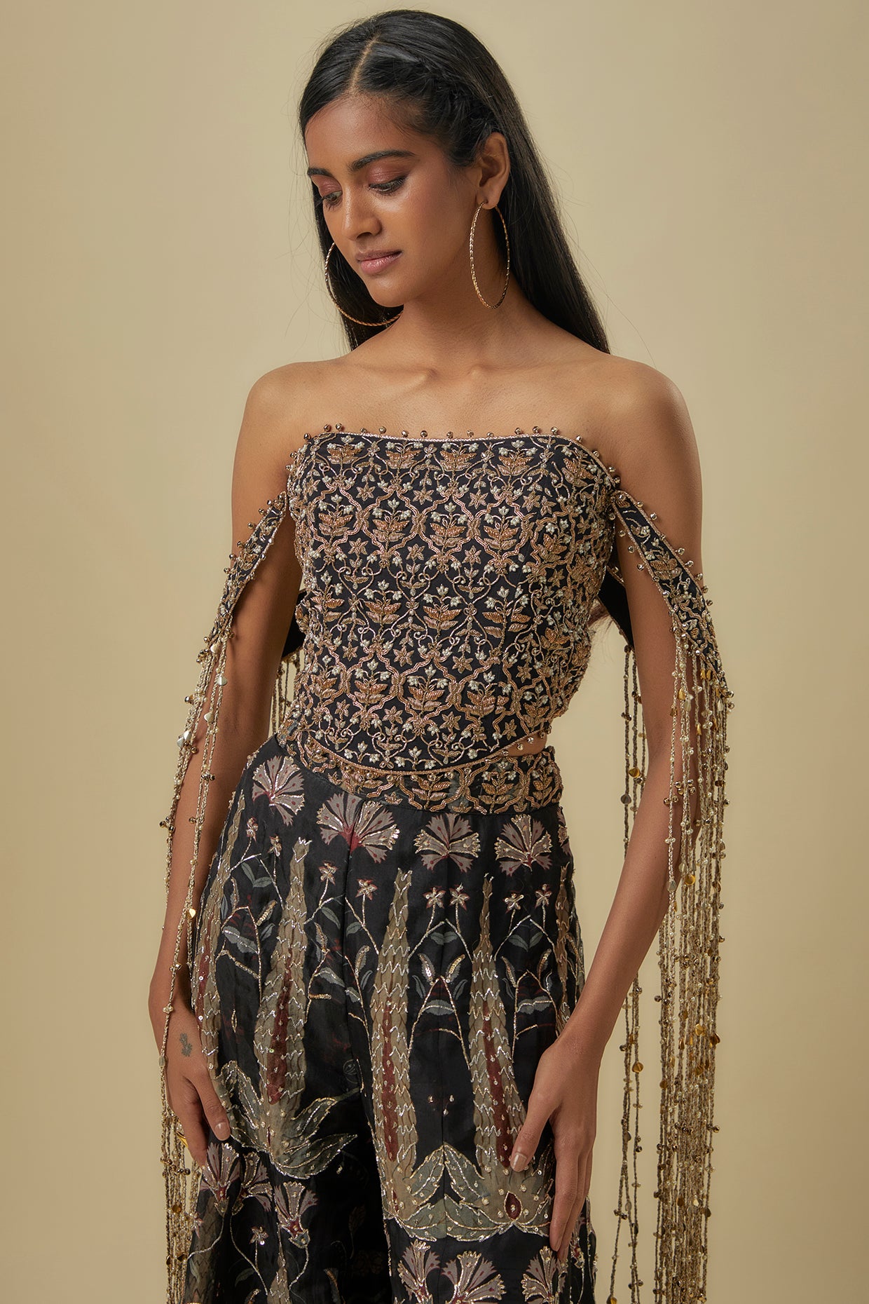 Black Georgette Embroidered Off-Shoulder Corset With Black Forest Whisper Print Organza Lifted Sharara.
