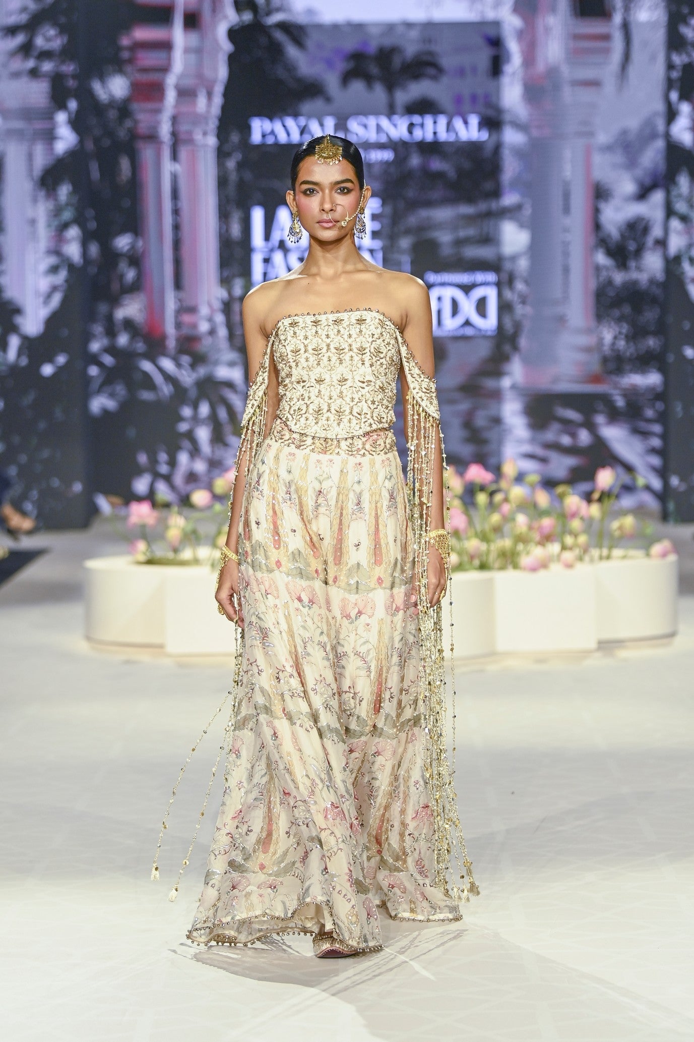 Anam Off White Corset Embroidered Choli With Ochre Forset Whisper Print Sharara