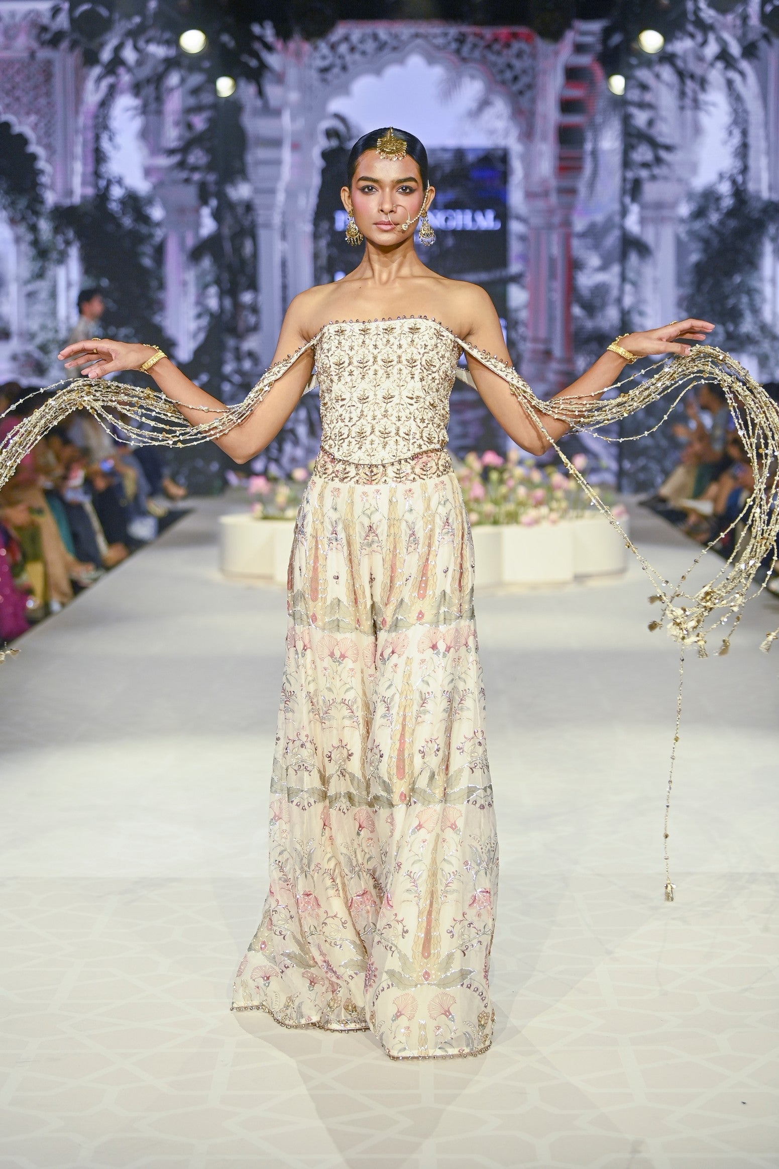 Anam Off White Corset Embroidered Choli With Ochre Forset Whisper Print Sharara