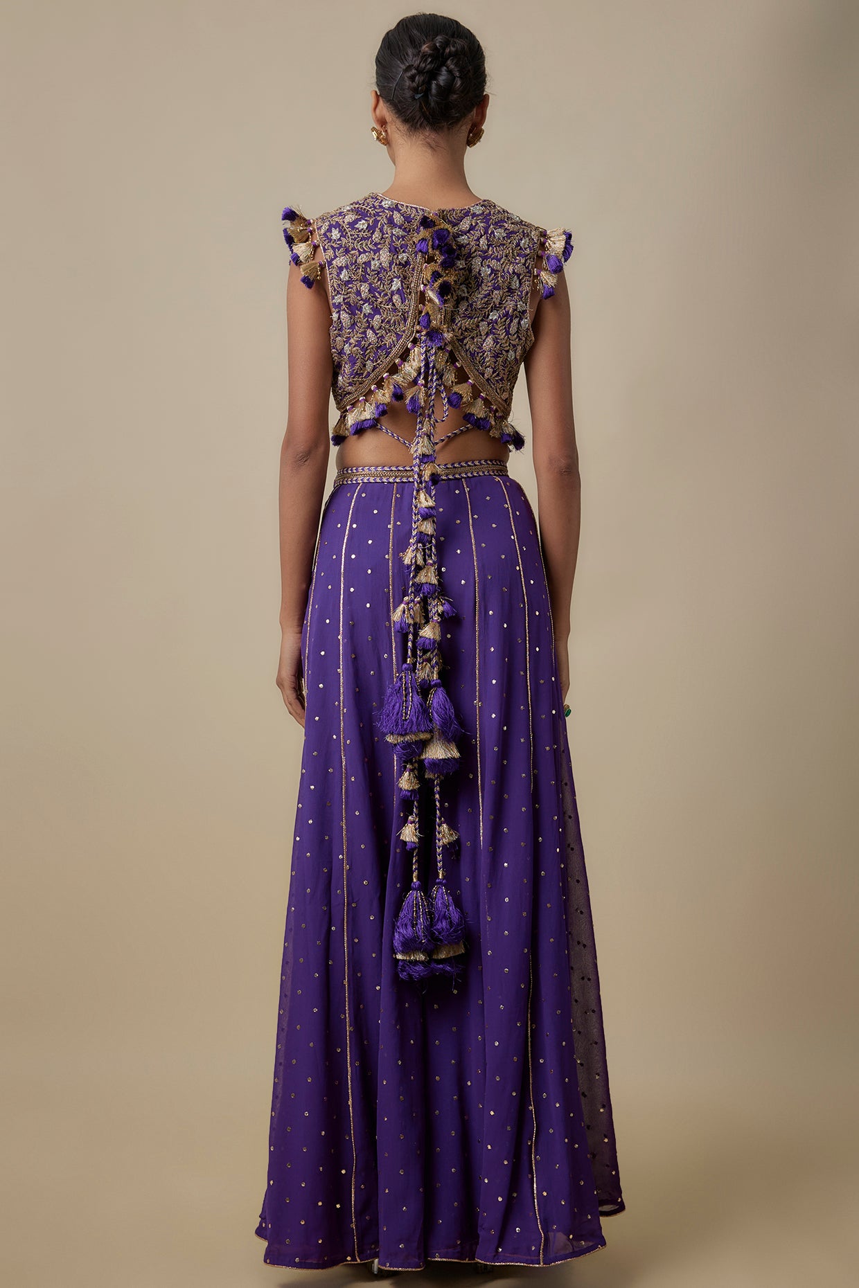 Purple Georgette Embroidered Choli with Heavy Mukaish Georgette Sharara.