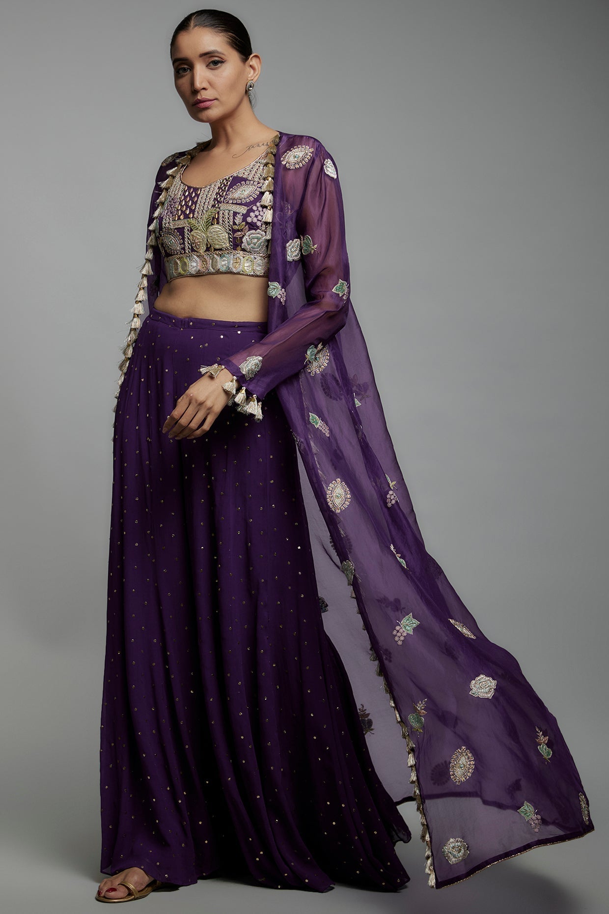 Patchwork Jacket with Mesh Sharara and Bustier