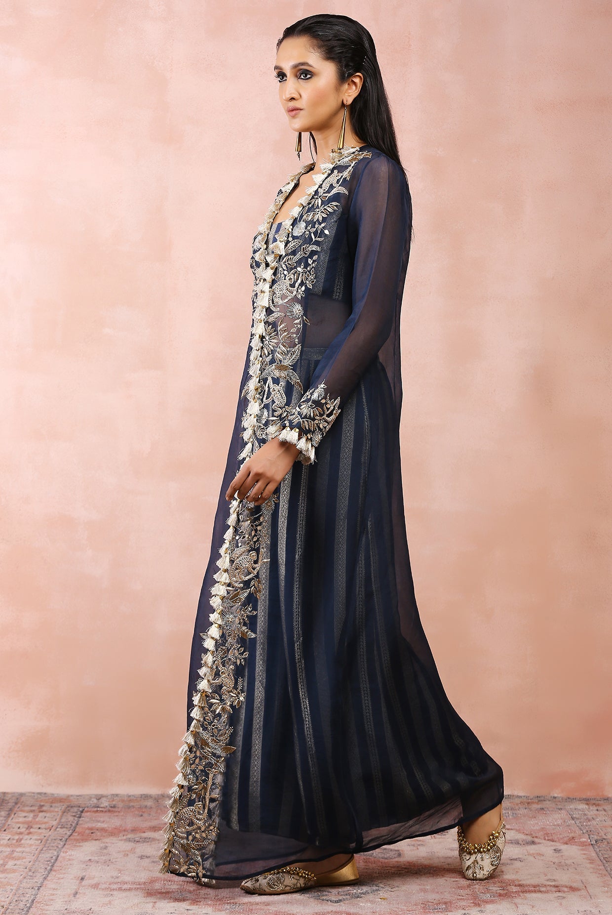 NAVY EMBROIDERED JACKET WITH BUSTIER AND PALLAZO PANT