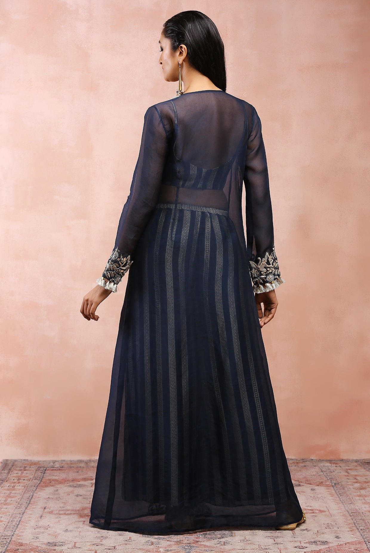 NAVY EMBROIDERED JACKET WITH BUSTIER AND PALLAZO PANT