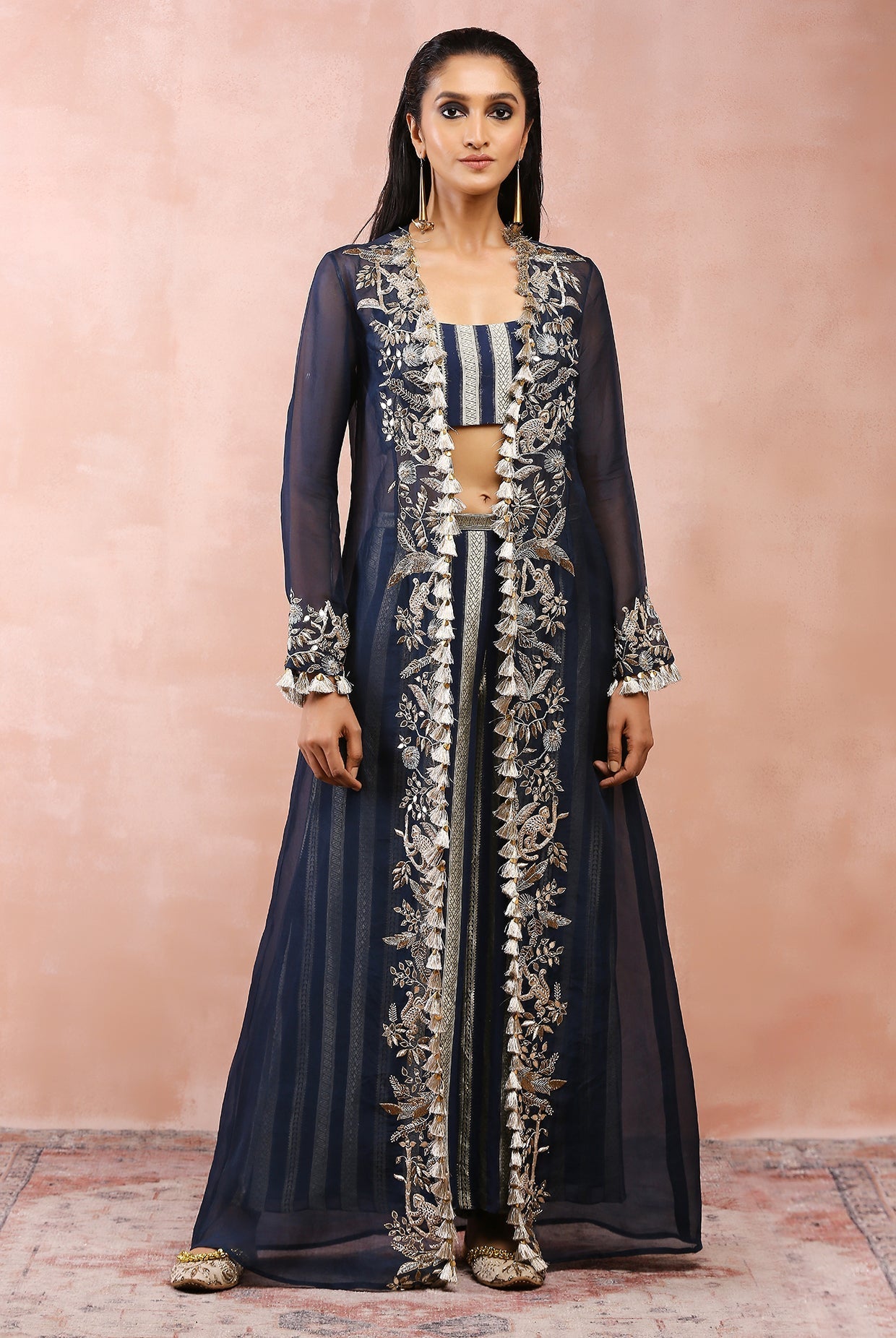 NAVY EMBROIDERED JACKET WITH BUSTIER AND PALLAZO PANT